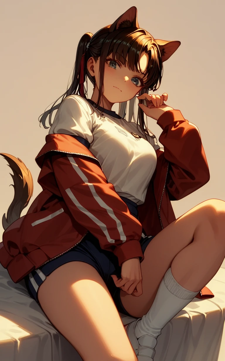 Miyajima Sakura :  dressed with dog ears and tail, Ruanyi0938 , shorts azuis,  gym uniform ,  red jacket ,  OPEN JACKET ,  white socks , tennis. nzp .