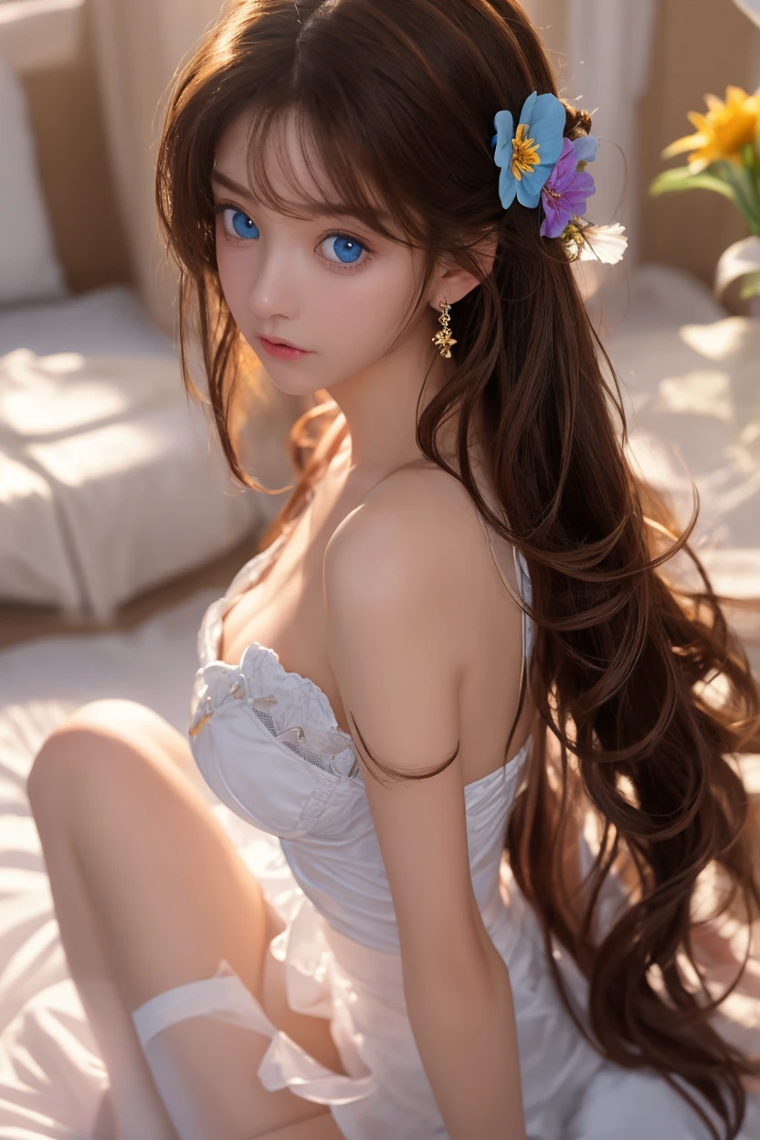 masutepiece, Best Quality, 8K, 、Twin-tailed、, ((small tits、small and flat chest))、((big brown eye))、soft light rays、Raw photo, absurderes, Bodyful、Solo, Daytime, ((Idol face)), ((Delicate girl)), Bodyful, Braless、Digital SLR, ((Looking at Viewer)), Candid, Sophisticated, Thin arms, soft light rays、Professional Lighting, Film grain, chromatic abberation, (Eyes and faces with detailed:1.5), (Bokeh:1.1),light brown twin tail hair, soft green eyes, Slytherin Uniform