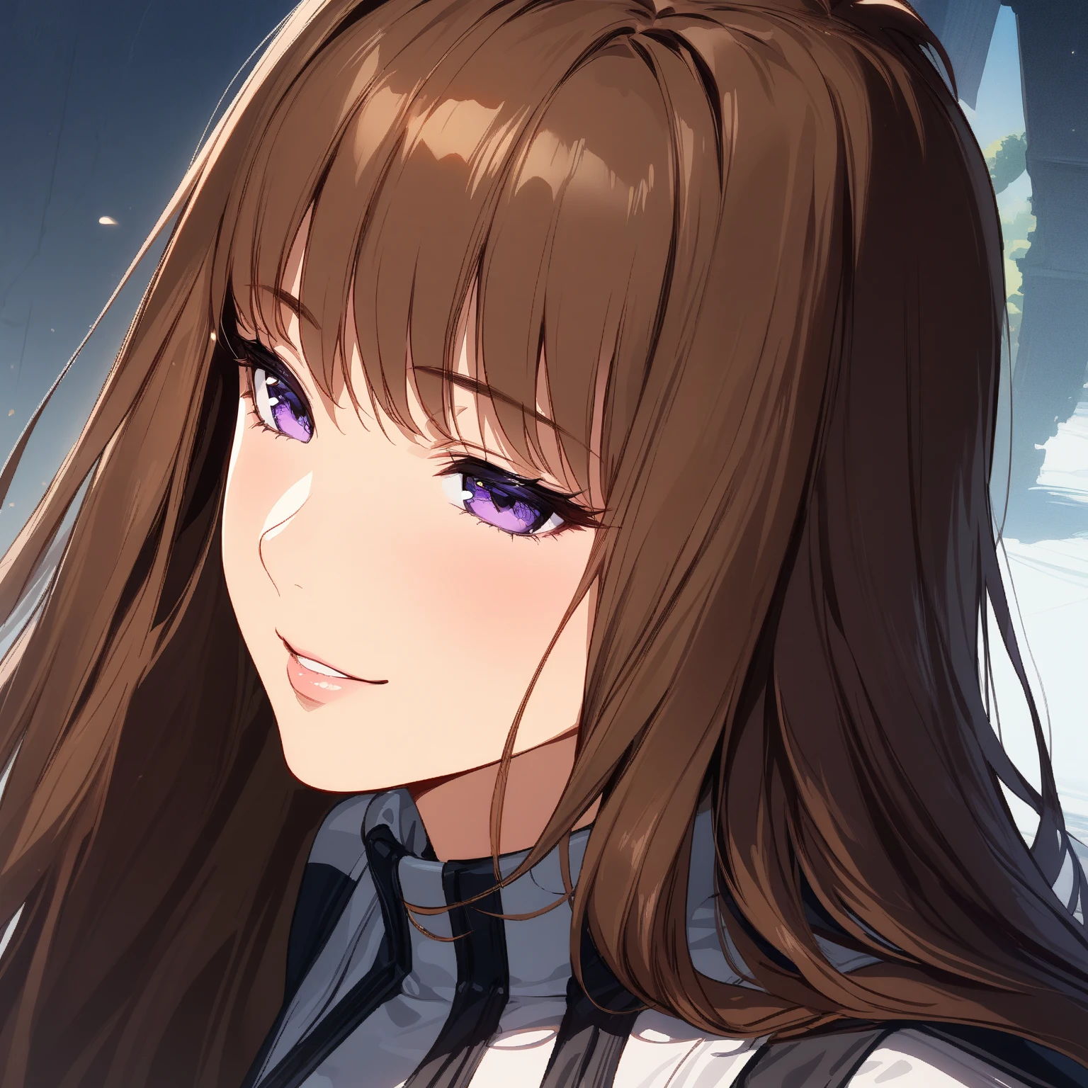 (masterpiece),( top quality ),( ultra detail),(  BEST ILLUSTRATION),( best shadow),( absurd),( detailed background),( very aesthetic),  Elheim_van_Houghton,  1 girl, Alone,  long hair, Brown Hair,  purple eyes,  Original Outfit,  very close up,  portrait,  seductive smile , 