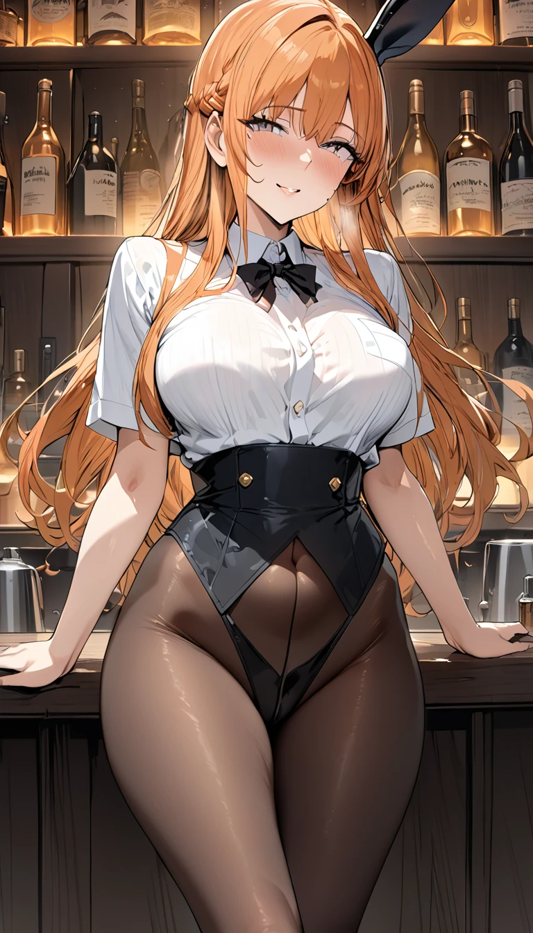 nsfw,1scene,from front,cnc,High quality,Ultra-high resolution,High-definition illustrations,Masterpiece,extremely detailed,(orange hair), bunny girl, pantyhose, at a bar, Medium breasts,beautyfull curvy,mole under eye, gentle smile, (asunama)