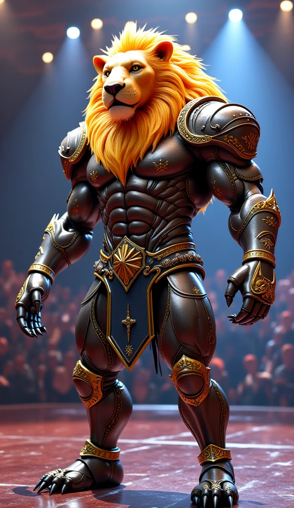 leomon,digimon,lion,male,uncle,aldult,alone,4K,best quality, full-body shot,looking at the audience,Show muscles,hairy body,Upper body exposed,bared chest,Hairy chest, (muscular, Athletic body:1.0), Pink nipples, Six-pack abs, biceps, 弯曲biceps, anatomically correct,Delicate fur,pride,soft shadow,majestic (Detailed face, delicate eyes:1.1),golden eyes,Sharp eyes,Grandiose,Valiantary,thong,Brown belt,Smile confidently,Strong,mature,simple sky background,