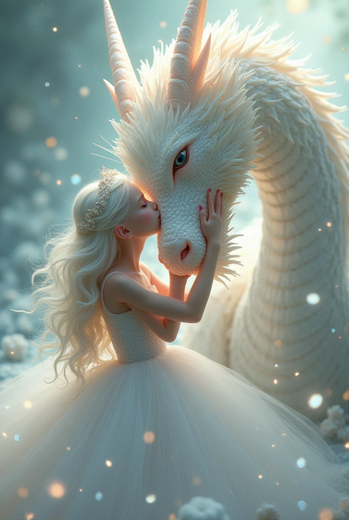 Create a girl kissing a white dragon full of magic sparkles - SeaArt AI
