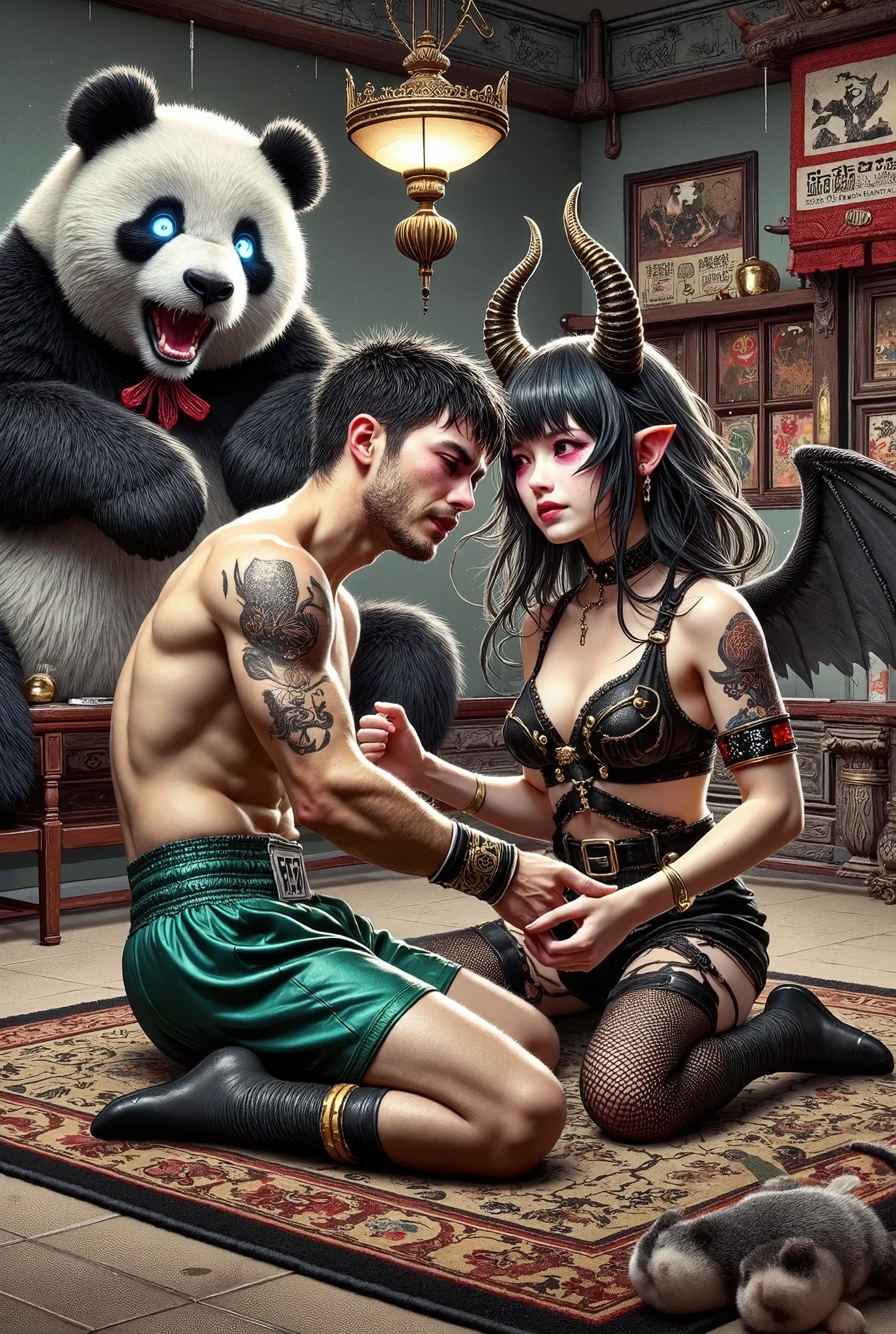 (Ultra-detailed face, Looking away, Fantasy Illustration with Gothic, Ukiyo-e. Dark tone colors.), BREAK 
(A human male Muay Thai fighter sleeps happily in the lap of a female demon nurse. A huge stuffed panda and a panda-patterned rug are laid out in an Asian-style room. The room is filled with panda merchandise. A female demon nurse is kneeling over a male Muay Thai fighter, looking at him and smiling. She gently puts her hand on his head. They both look happy.), BREAK 
(The man has short black hair, dark eyes, a smiling mouth, brown skin, a youthful, muscular body, but thin cheeks and a gaunt face. Dark circles under the eyes.), BREAK 
(The man wears green-gold silk boxer shorts and bandages around his hands. He also has bandages around his ankles and is barefoot.), BREAK 
(The female demoness has black and pink dyed hair and eyebrows, waist-length wavy hair, red glowing pupil-less eyes, small pink lips, clear white skin, and dark, thick eyeliner.), BREAK 
(The female demon wears a blood-colored cross hair ornament and a jet-black nurse's uniform with a blue glow. She wears light black net tights and bare feet.)