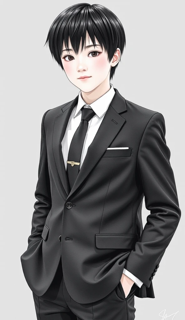 A pencil drawing boy wear black suit. short hair. natphurin,