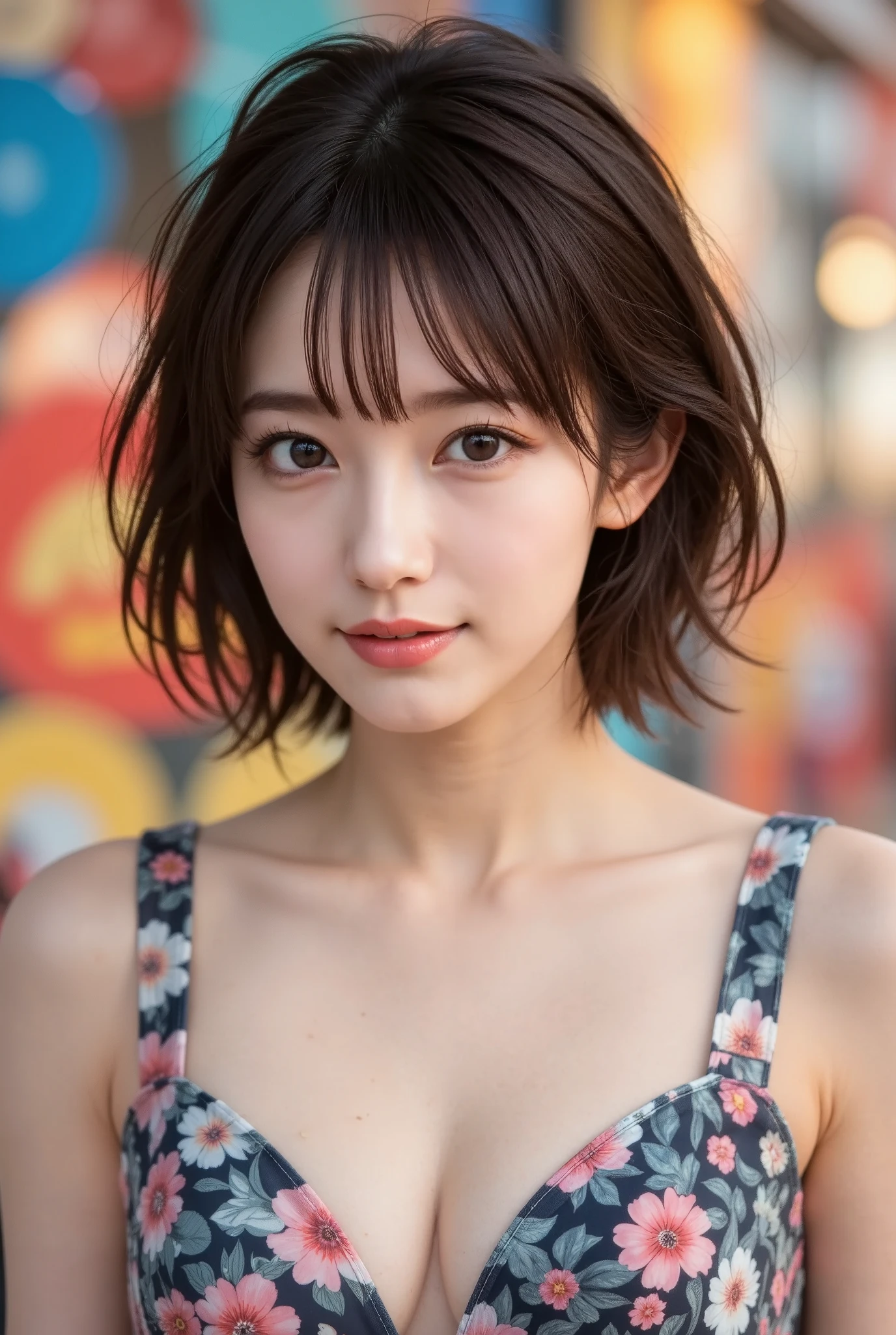 beautiful woman, vivid and seductive expression, floral camisole, background colorful, copper plated, dull silver, effective effects, bold and dynamic, contrasts of light and shadow, 2.5D, ultra detailed, absolutely resolution, masterpiece