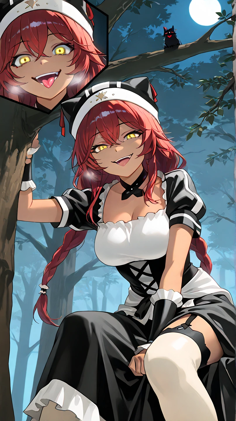 ,  High Quality , 最 High Quality , masterpiece,  high res, detailed face , anatomically correct , 
 yellow eyes,  red hair,  braids,,  wearing a black beast ear hat , 1 girl, solo, Dark Skin, brown skin, adult woman, Beautiful Women,Beauty,
In the forest deep in the mountains,,Up in the tree, moon, Multiple Leaves Falling ,tree branch

Black Maid Outfit , short sleeve/gauntlet,  white knee-high ,  choker , black long skirt, garter belt under my long skirt,

 close-up, from your hand and direct your gaze, Medium build,accurate, slightly larger breasts,
smile, ecstatic expression beside the piano,excited,  open her mouth ,mischievous personality , seductive smile,Her eyes are frowning ,Up to the thighs,Draw her in a larger size,Crazy look, mischievous face , smirking, stick out your tongue,Bad face,Viewers are being bullied ( sadist), enjoying bullying
angle from below, lower angle , angle looking up at her hanging from a tree ,She's looking down at the viewer below , is looking down,Turn her gaze down
Sitting on a thick tree branch,Sitting down on a tree , looking down at the viewer from a high place
I'm staring at me, frowns, staring with thin eyelids,Eyes on garbage, contemptuous eyes ,  protrudes from the screen,  part of the picture sticks out of the frame,  rough breathing,