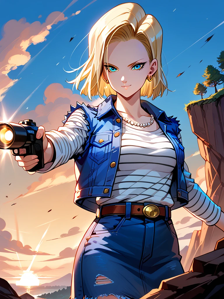 score_9, score_8_up, score_8, medium breasts, (curvy), cute, eyelashes,    zzAndroid18, blue eyes, blonde hair, short hair, jacket, denim, denim jacket, jewelry, earrings, long sleeves, shirt, skirt, belt, stripes,  smile, looking at viewer,   serious expression, dramatic sunset casting shadows, standing on a cliff overlooking a devastated battlefield, her iconic outfit slightly torn, glowing with suppressed energy, a moment of reflection before the next fight,  ,,, embedding:zPDXL, Expressiveh, 