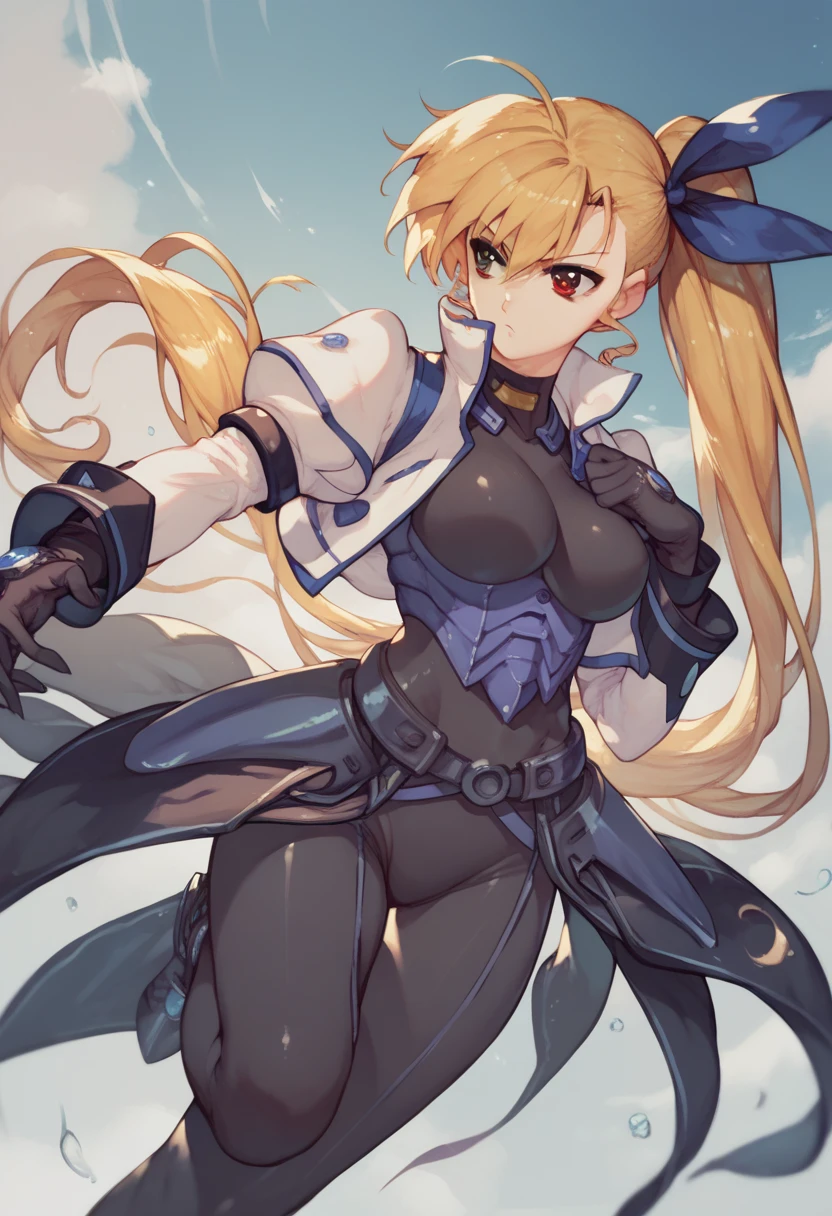 bbvivio, aged up, long hair, blonde hair, ahoge, side ponytail, hair ribbon, heterochromia, large breasts, black bodysuit, cropped jacket, white jacket, puffy sleeves, long sleeves, black gloves, armor