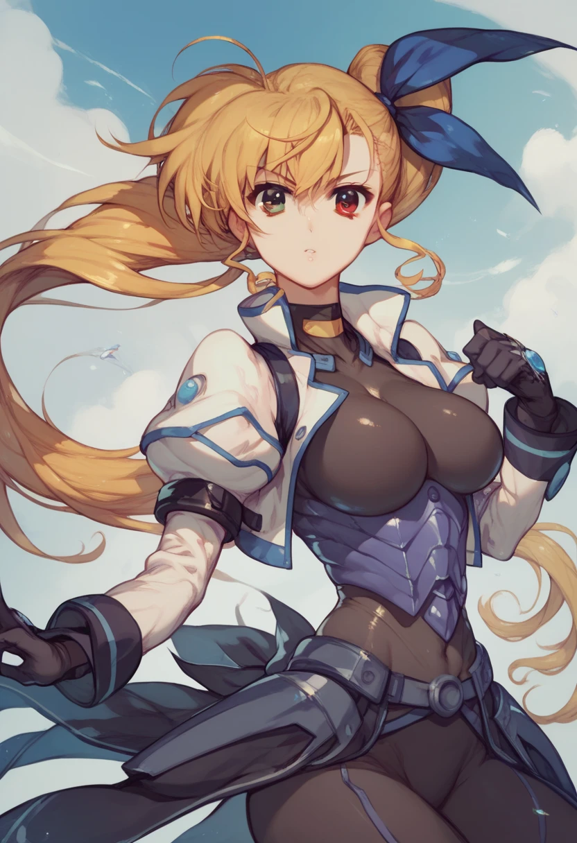 bbvivio, aged up, long hair, blonde hair, ahoge, side ponytail, hair ribbon, heterochromia, large breasts, black bodysuit, cropped jacket, white jacket, puffy sleeves, long sleeves, black gloves, armor