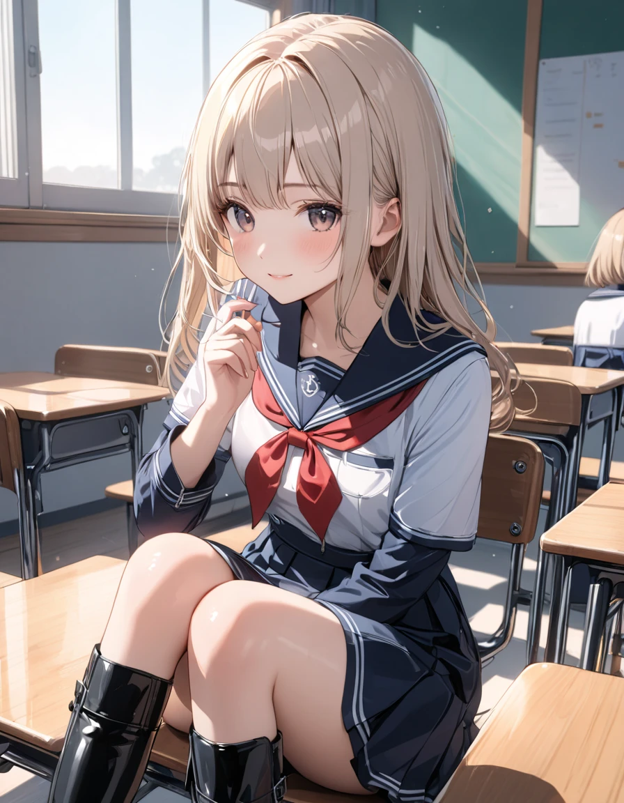 masterpiece,  ultra detail,  top quality ,8k,  illustration,  cute face,  clean skin , shiny hair, girl , classroom, Jojifuku , short m dress,  boots