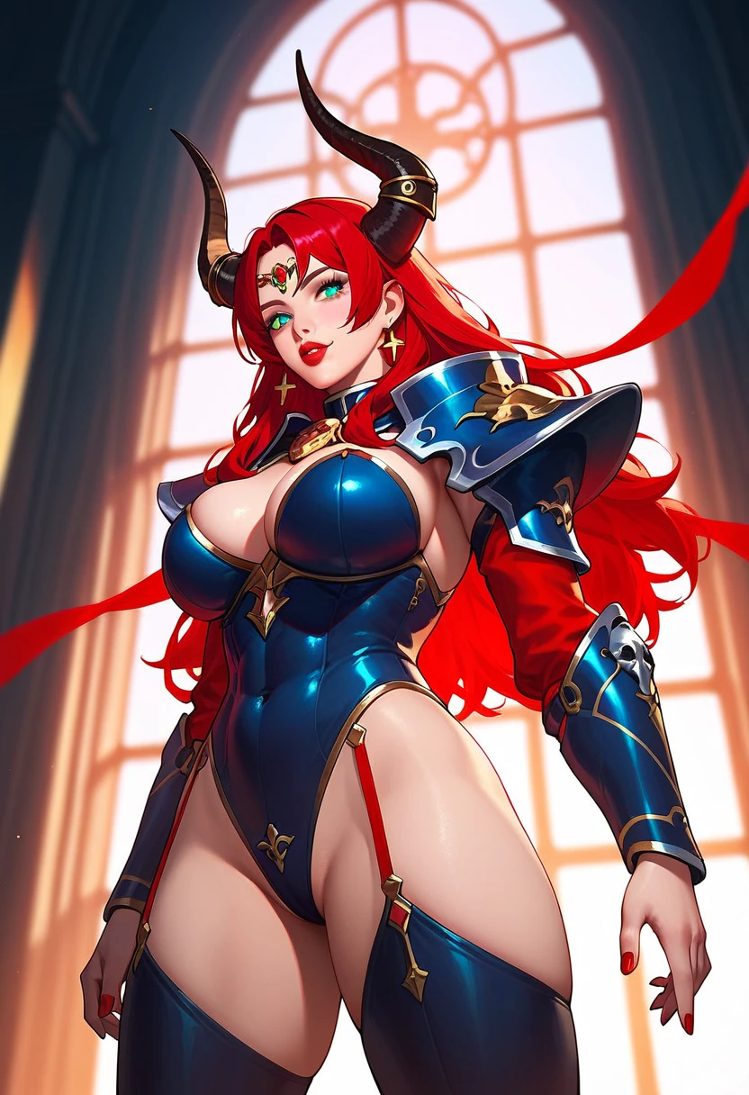 (4k, Best quality , highres), ( masterpiece:), Sororitas, anime style, 1 girl, perfectly sculpted body , detailed body, perfectly formed face, detailed face , big woman, The woman has demon horns, detailed eyes, Detailed lips , (red lips), light skin, The woman has a mole below her mouth, (a woman with long, wavy, vibrant red hair that shines with a radiant glow, reflecting light in a way that accentuates its color and texture, similar to how it appears in high-gloss photography.), the woman has white ornaments in her hair, different expressions, (different hairstyles), (different armors), (Full armor), intense look, different poses, gothic church background, vibrant colors, arte digital, High resolution, costume, giant breasts, Big Thighs, (giant hip), muscle arms , muscular abdomen, muscular legs, (greenish lighting), (large round ass), (Sensual facial expressions)