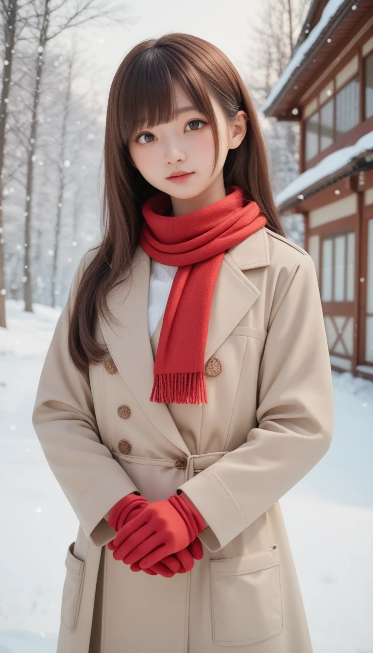  Japanese High School Student ,  Japanese Countryside Scenery, cute girl,  Beige trench coat, red silk scarf、red mittens、masterpiece, (( long hair )), Long brown hair , very long straight hair, Short bangs, Healthy, brown eyes , Narrow shoulders, Moderate breasts, white skin, skinny, ((( outdoor、cold、 snowing 世界、 snowing ))), (((Night Time)))