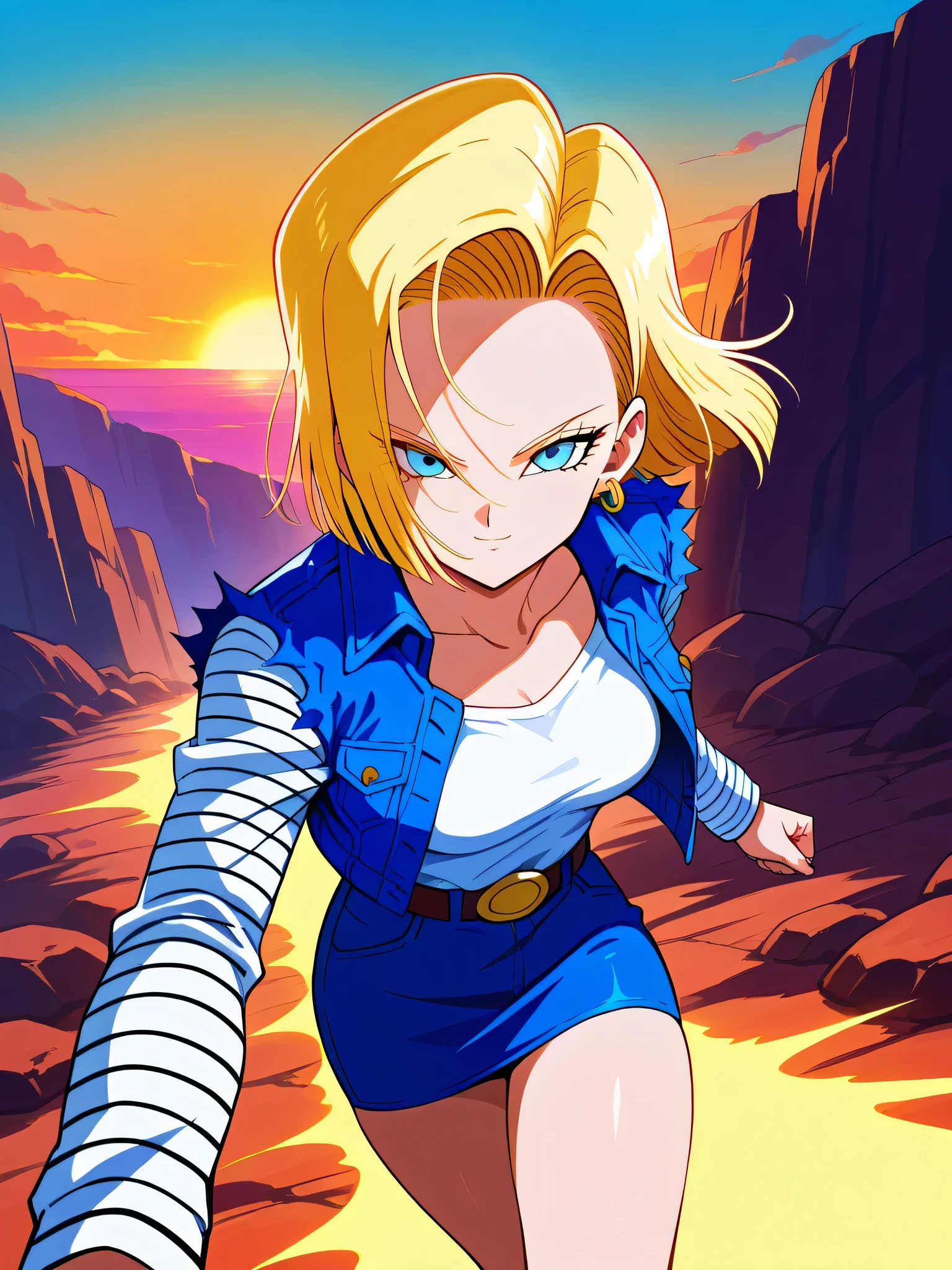 score_9, score_8_up, score_8, medium breasts, (curvy), cute, eyelashes,    zzAndroid18, blue eyes, blonde hair, short hair, jacket, denim, denim jacket, jewelry, earrings, long sleeves, shirt, skirt, belt, stripes,  smile, looking at viewer,   serious expression, dramatic sunset casting shadows, standing on a cliff overlooking a devastated battlefield, her iconic outfit slightly torn, glowing with suppressed energy, a moment of reflection before the next fight,  ,,, embedding:zPDXL, Expressiveh, 