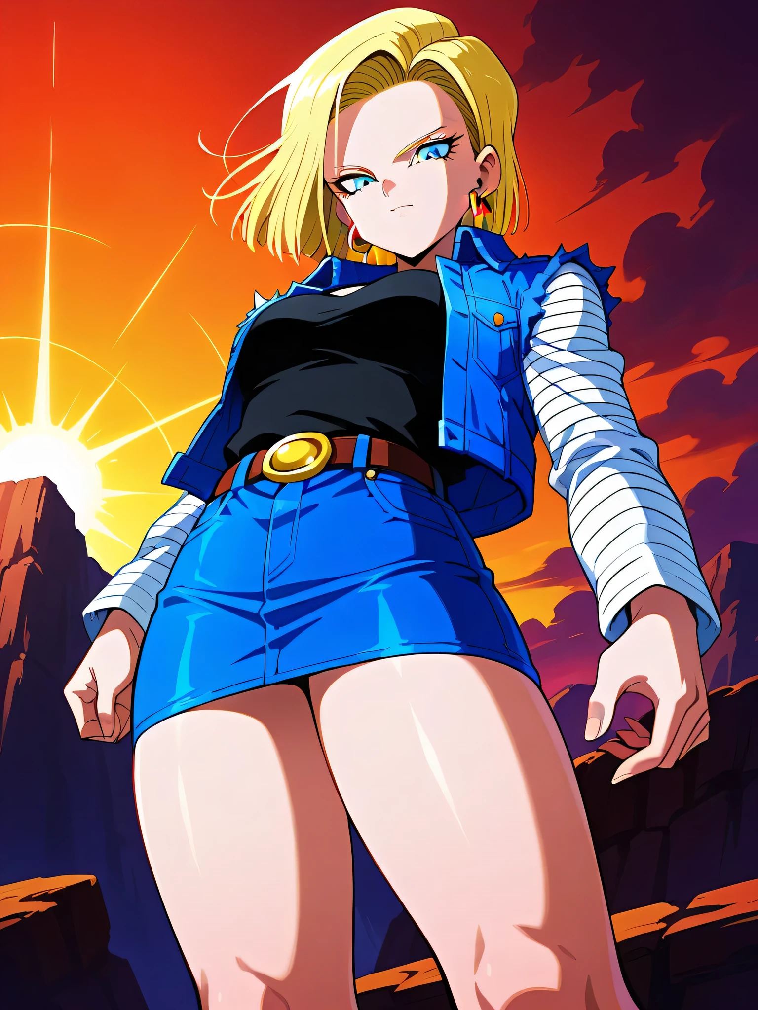 score_9, score_8_up, score_8, medium breasts, (curvy), cute, eyelashes,    zzAndroid18, blue eyes, blonde hair, short hair, jacket, denim, denim jacket, jewelry, earrings, long sleeves, shirt, skirt, belt, stripes,  smile, looking at viewer,   serious expression, dramatic sunset casting shadows, standing on a cliff overlooking a devastated battlefield, her iconic outfit slightly torn, glowing with suppressed energy, a moment of reflection before the next fight,  ,,, embedding:zPDXL, Expressiveh, 