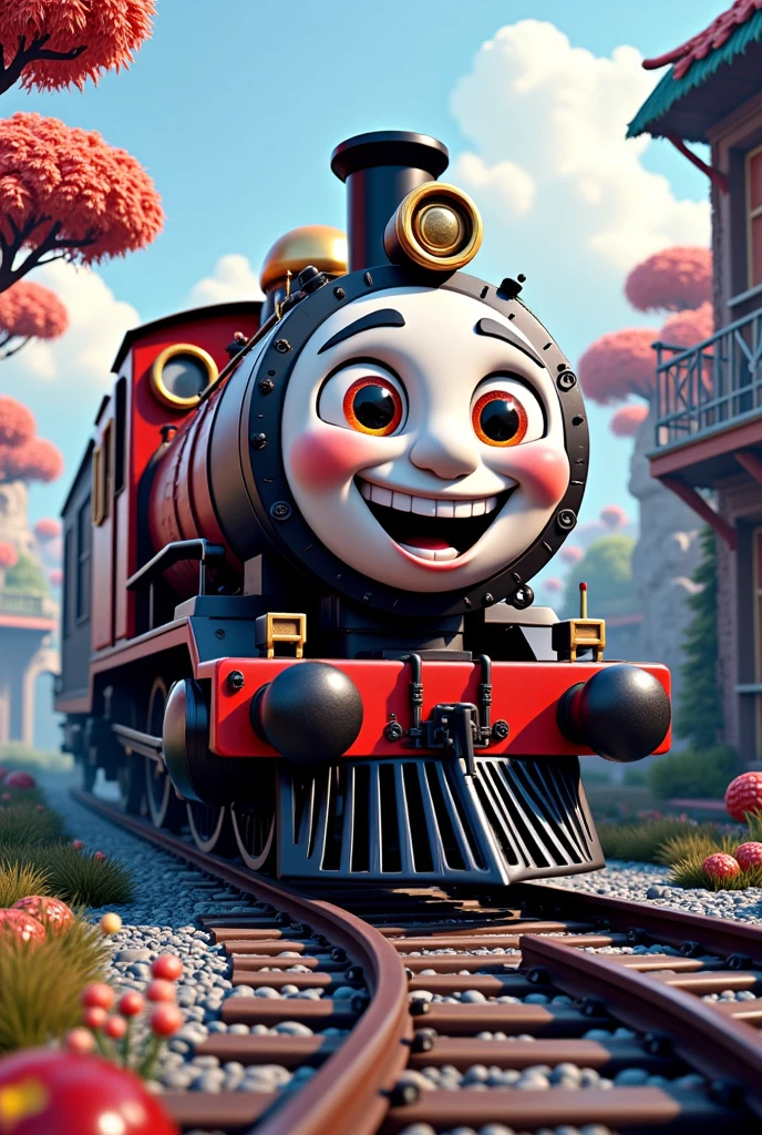  A detailed and realistic photo of a Frolzem train , The front of the train has the face of Frolzem ,  the train is riding on a track in a magical place like the movie Frolzem,  I want a perfect train with Disney magic  