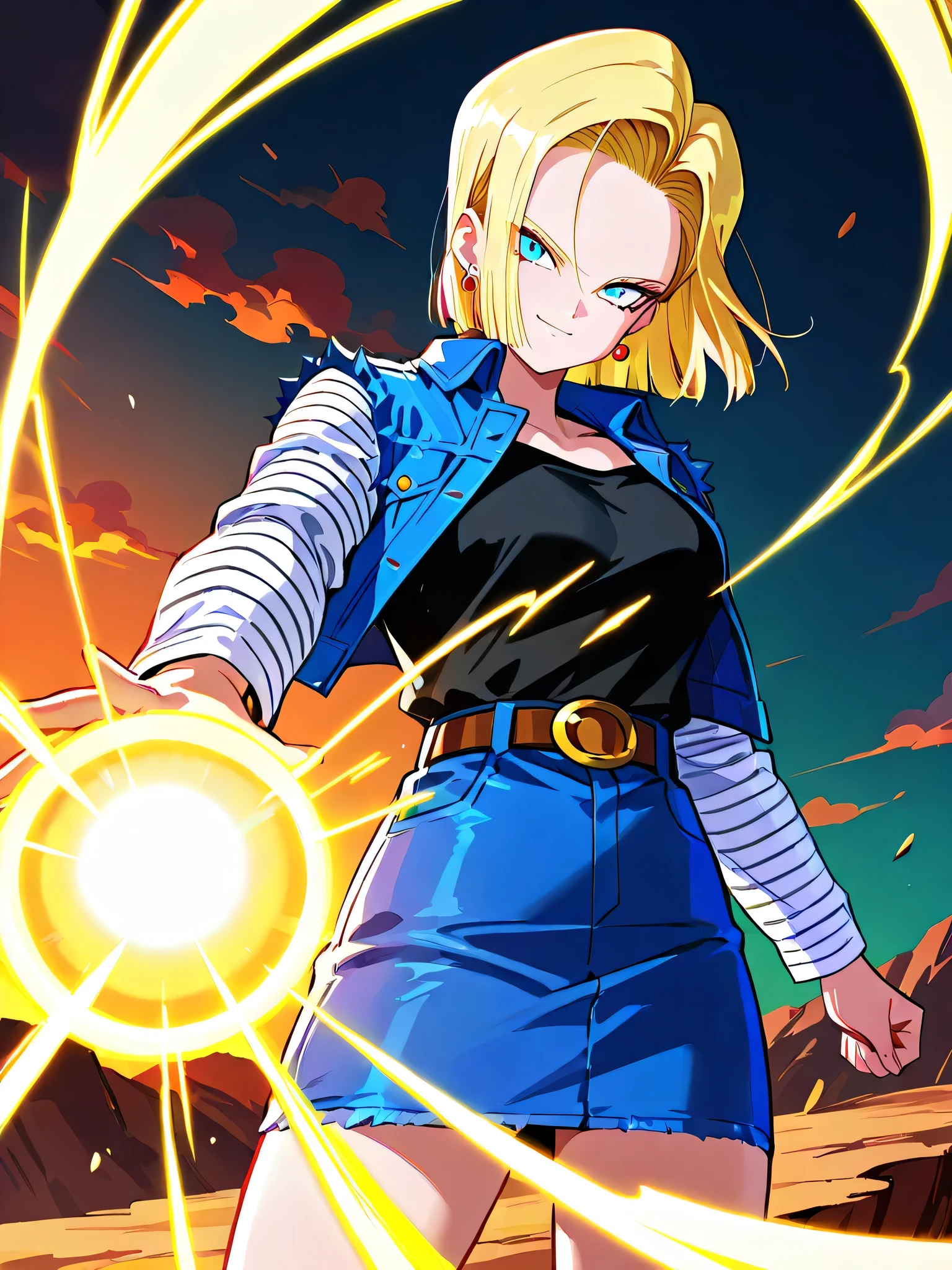 score_9, score_8_up, score_8, medium breasts, (curvy), cute, eyelashes,    zzAndroid18, blue eyes, blonde hair, short hair, jacket, denim, denim jacket, jewelry, earrings, long sleeves, shirt, skirt, belt, stripes,  smile, looking at viewer,   serious expression, dramatic sunset casting shadows, standing on a cliff overlooking a devastated battlefield, her iconic outfit slightly torn, glowing with suppressed energy, a moment of reflection before the next fight,  ,,, embedding:zPDXL, Expressiveh, 