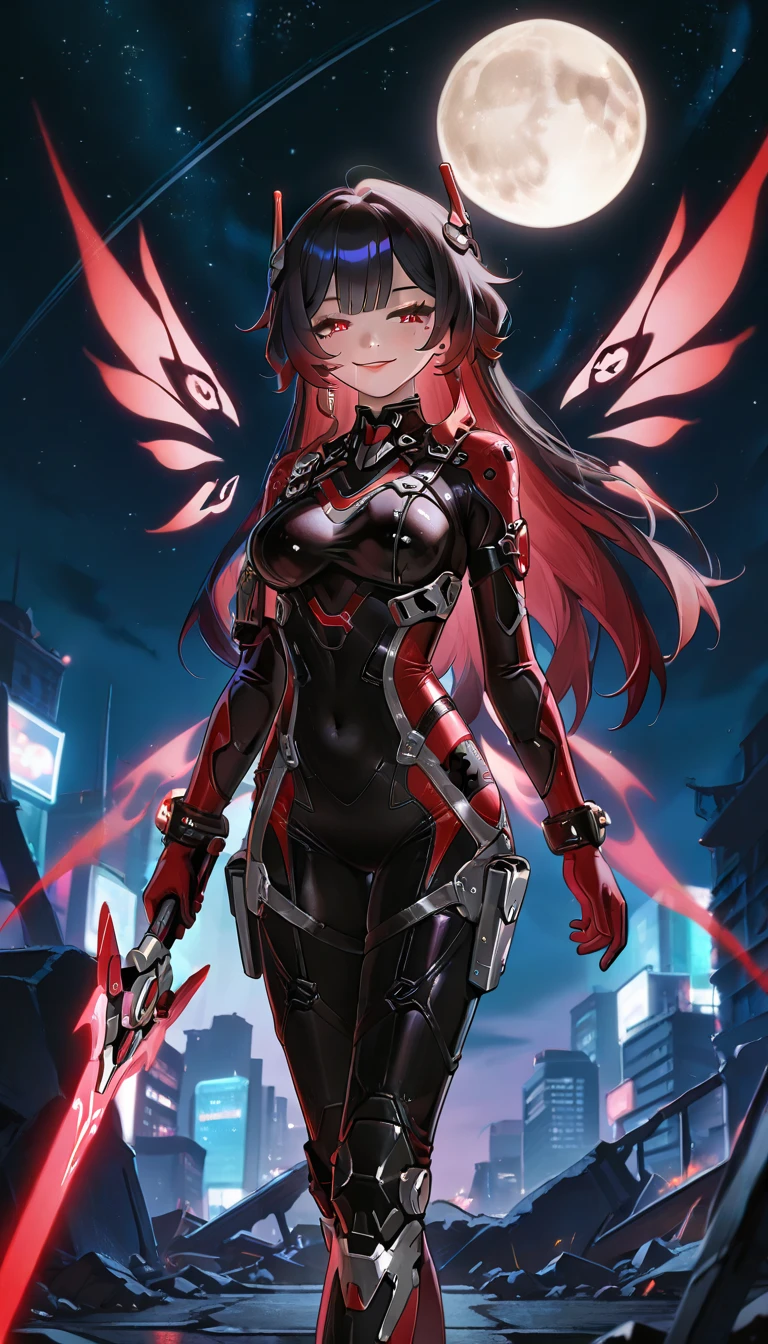 Honkai Impact, Black hair on the outside, Red hair on the inside, long hair, red eyes, red pupils, 1girl, Honkai battlesuit, full moon, starry sky, city ruins,   holding weapon, holding sword, energy sword, energy wings, warrior, EyeDetailerXL, (add:more-detail:0.7)_(cinematic-lights:1.1)_(realistic lights and shadows:1)_(detailed light:0.9),(add:more-detail:0.7)_(cinematic-lights:1.1)_(realistic lights and shadows:1)_(detailed light:0.9) multicolored hair, mole, mole under left eye,ruanyi0867,black and red bodysuit,science fiction,skin tight, leg holster, wrist blades, seductive smile, seductive walk,AddXL,Rainbow Holographic Combat Suit, Nano Combat Suit, Mesh Combat Suit,ruanyi0867, black silver and red bodysuit,science fiction,skin tight,seductive