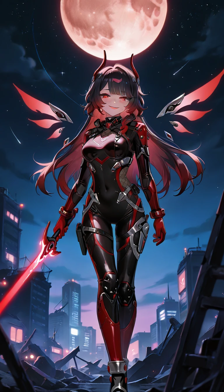 Honkai Impact, Black hair on the outside, Red hair on the inside, long hair, red eyes, red pupils, 1girl, Honkai battlesuit, full moon, starry sky, city ruins,   holding weapon, holding sword, energy sword, energy wings, warrior, EyeDetailerXL, (add:more-detail:0.7)_(cinematic-lights:1.1)_(realistic lights and shadows:1)_(detailed light:0.9),(add:more-detail:0.7)_(cinematic-lights:1.1)_(realistic lights and shadows:1)_(detailed light:0.9) multicolored hair, mole, mole under left eye,ruanyi0867,black and red bodysuit,science fiction,skin tight, leg holster, wrist blades, seductive smile, seductive walk,AddXL,Rainbow Holographic Combat Suit, Nano Combat Suit, Mesh Combat Suit,ruanyi0867, black silver and red bodysuit,science fiction,skin tight,seductive