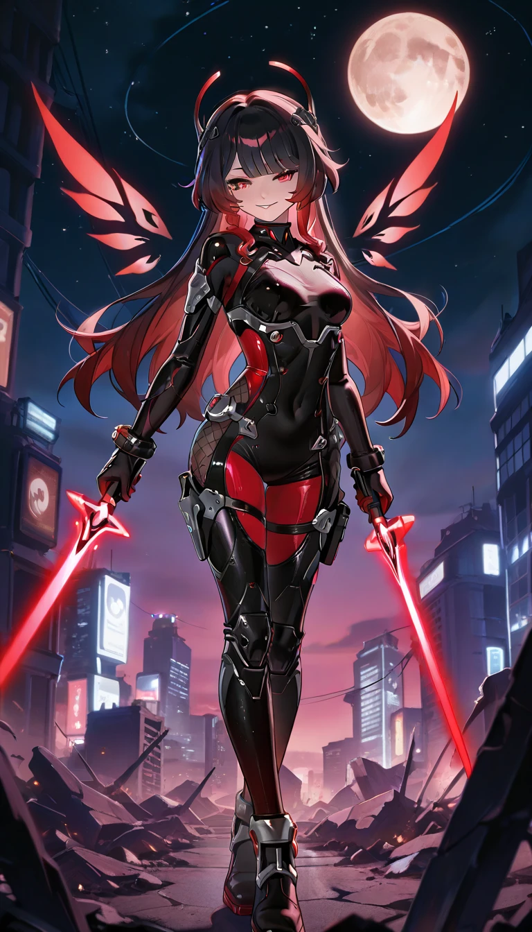 Honkai Impact, Black hair on the outside, Red hair on the inside, long hair, red eyes, red pupils, 1girl, Honkai battlesuit, full moon, starry sky, city ruins,   holding weapon, holding sword, energy sword, energy wings, warrior, EyeDetailerXL, (add:more-detail:0.7)_(cinematic-lights:1.1)_(realistic lights and shadows:1)_(detailed light:0.9),(add:more-detail:0.7)_(cinematic-lights:1.1)_(realistic lights and shadows:1)_(detailed light:0.9) multicolored hair, mole, mole under left eye,ruanyi0867,black and red bodysuit,science fiction,skin tight, leg holster, wrist blades, seductive smile, seductive walk,AddXL,Rainbow Holographic Combat Suit, Nano Combat Suit, Mesh Combat Suit,ruanyi0867, black silver and red bodysuit,science fiction,skin tight,seductive