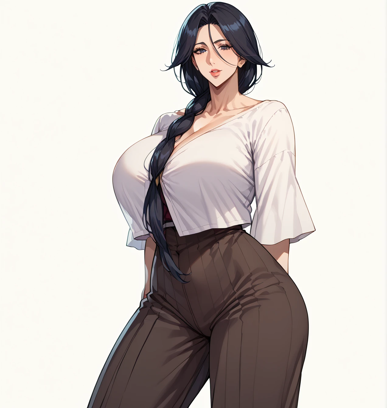 1 girl, mature female, older, gigantic breasts, milf, motherly, wide hips, long hair, straight hair, parted bangs, black long hair, black eyes, fazendeira, off-shoulder, score_9, score_8_up, score_7_up, score_6_up, source_anime, beautiful face, expressive eyes, looking at viewer, dramatic lighting, anime screencap, expressão tímida, cabelo longo e preto, big cleavage.