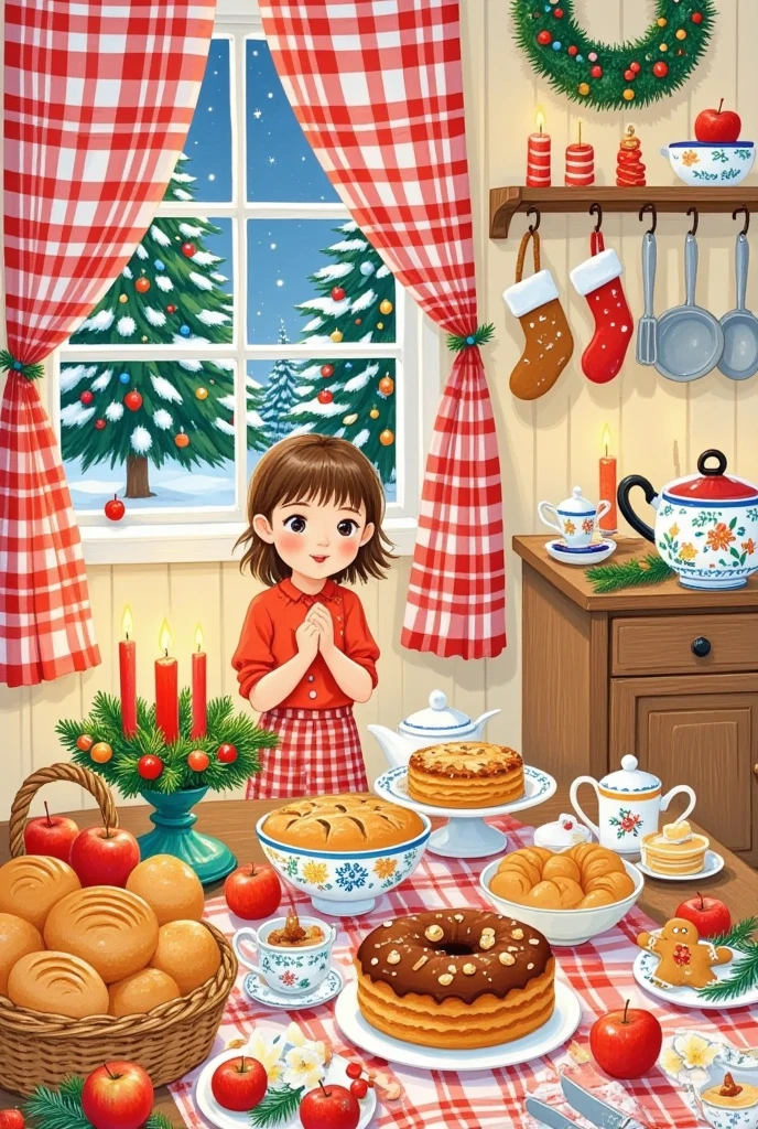 Christmas illustration  ，Plaid curtains  ， Bread hanging on the kitchen table   、cake、candle、Glass、Christmas tree、Gingerbread Man、  apples、tableware、 ， Hanging socks and Christmas wreaths on the wall。girl&#39;return。  lined with bread  "Jenny"