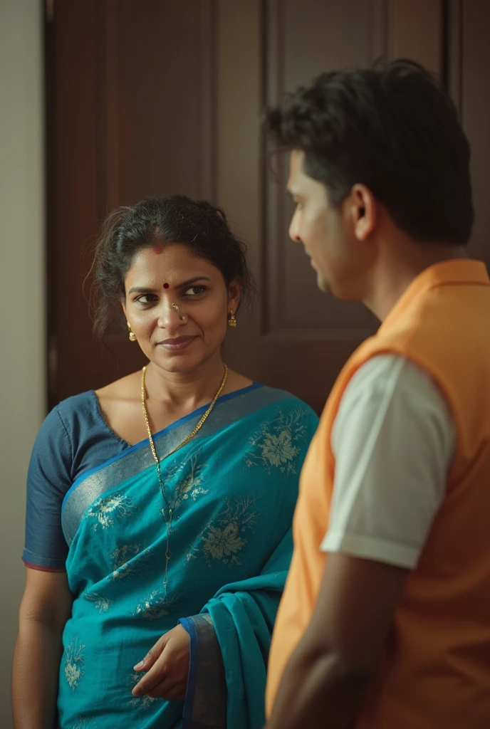 An indian woman, aged 30, in a blue saree, with left sided front bangs haircut. The bangs are asymmetrical and ackward. She is explaining her unhappy haircut experience to her husband.