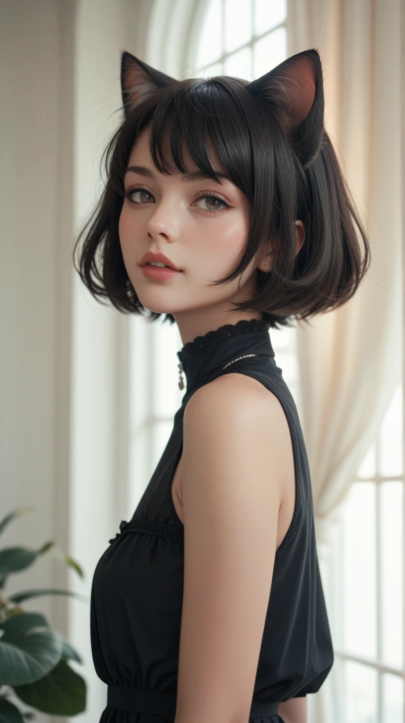 A pretty Anime girl wearing a black dress her hear is a cat's hear, her eyes deep pretty, Short hair