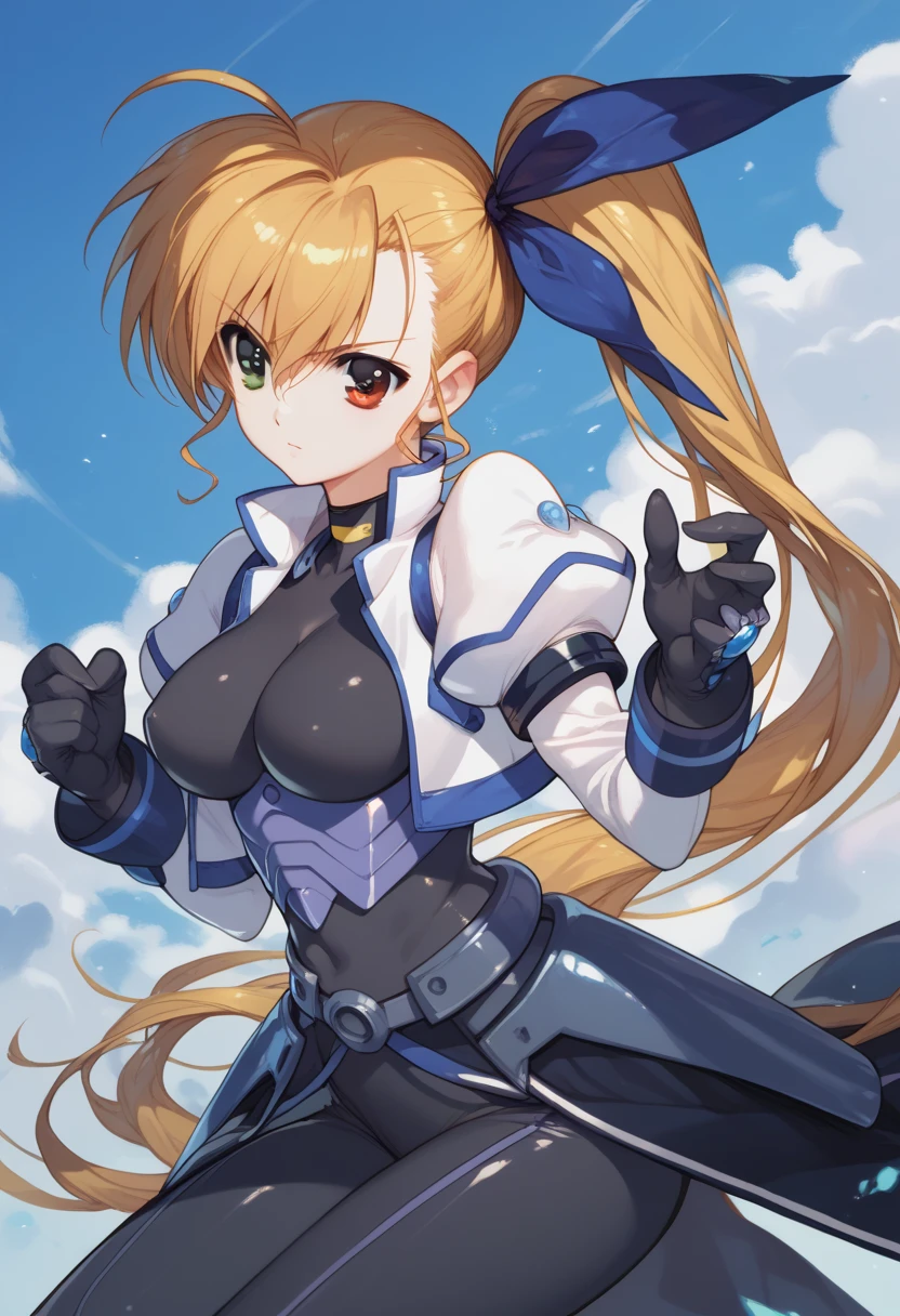 Solo, bbvivio, aged up, long hair, blonde hair, ahoge, side ponytail, hair ribbon, heterochromia, large breasts, black bodysuit, cropped jacket, white jacket, puffy sleeves, long sleeves, black gloves, armor