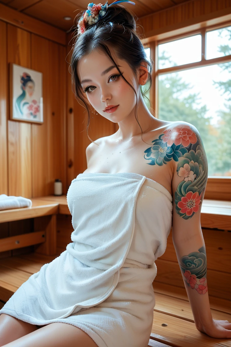 A beautiful indonesian woman, A beautiful indonesian woman, short tied hair, wearing towel, colorful traditional japanense tattoo, in the sauna room with led light, look at the viewer, 