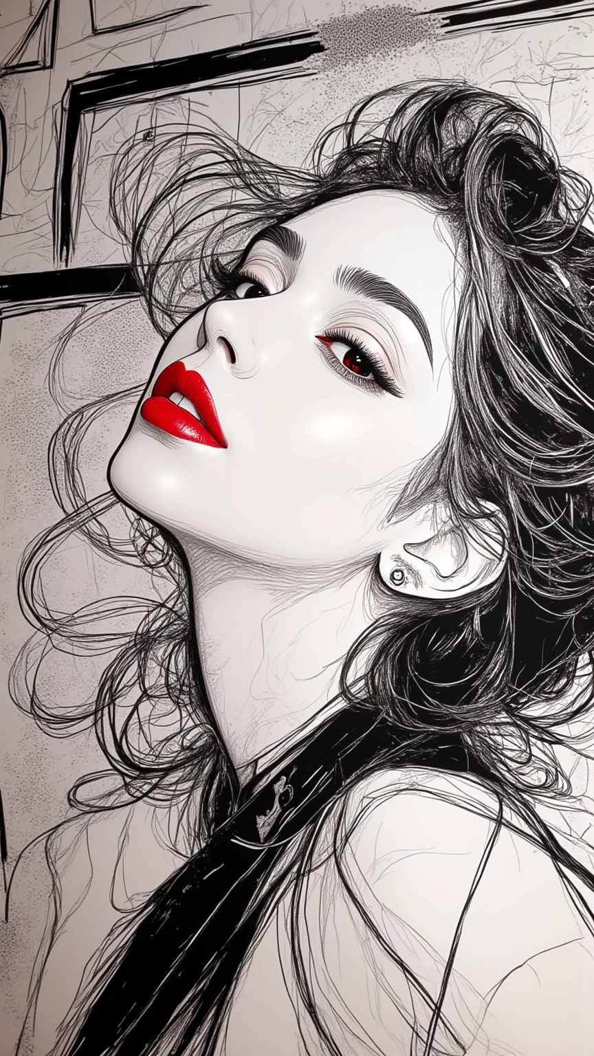 Black-and-white sketches, rich curls, beautiful facial smiles, lips and hair accentuate red. Smile for the speaker,, :::: perfect anatomy, contemporary, sophisticated, striking, artistic, innovative, aesthetic, futuristic, cutting-edge, elegant, chic, colorful, The composition blends modern and traditional elements with a neo mode, avant-garde style, characterized by elegant lines, vibrant colors, and exquisite details, Forest Lake,  Unseen Narratives, The artwork emphasizes subtle colors, clean lines, smooth curves, and sleek contours, with bold outlines and crisp, sharp edges. The overall composition is uncluttered and refined, reflecting a fashion editorial style that is stylish, professional, and elegant, with an emphasis on simplicity and restraint rather than vibrant colors,