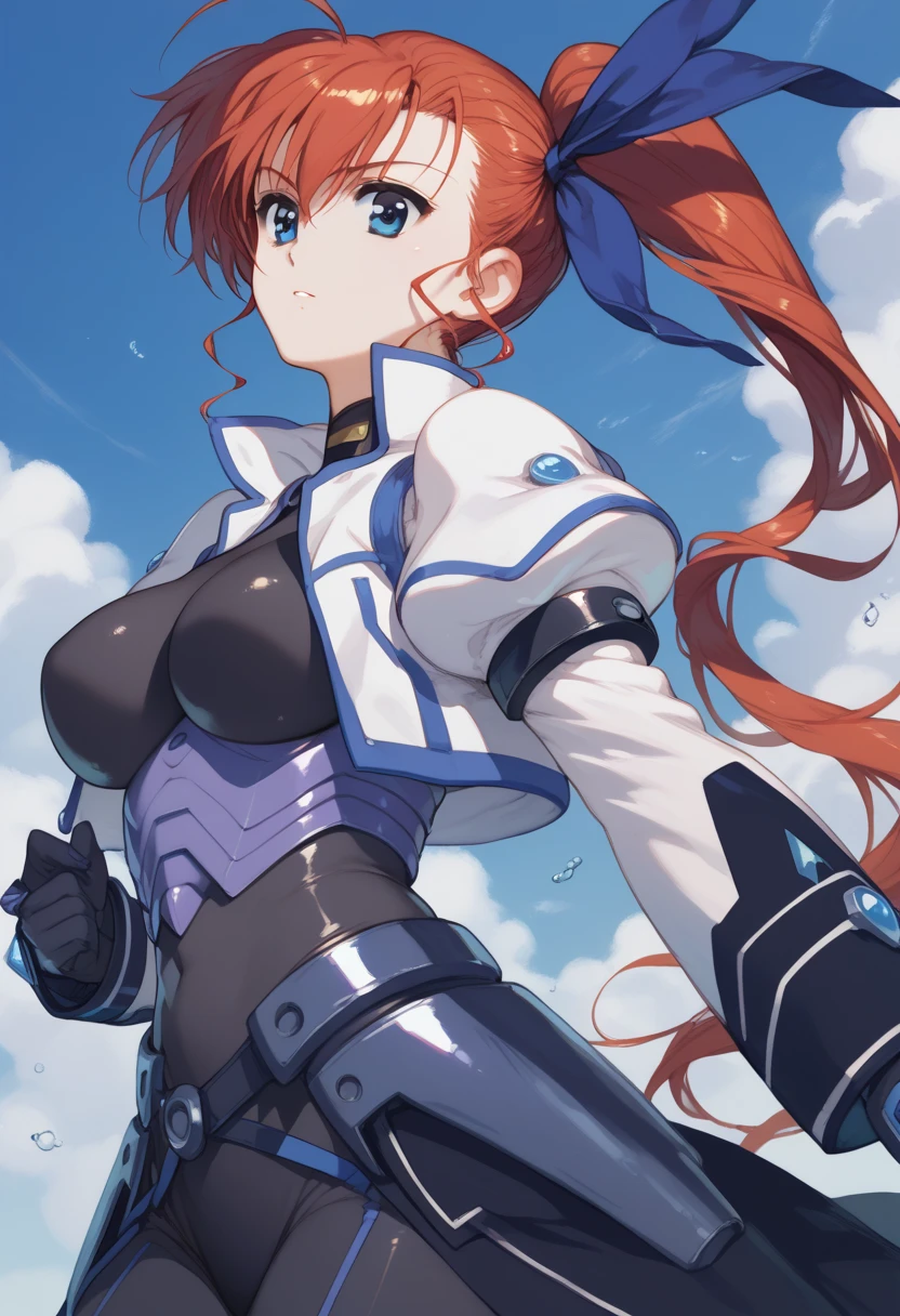 solo, bbvivio, aged up, long hair, red hair, ahoge, blue eyes side ponytail, hair ribbon, large breasts, black bodysuit, cropped jacket, white jacket, puffy sleeves, long sleeves, black gloves, armor