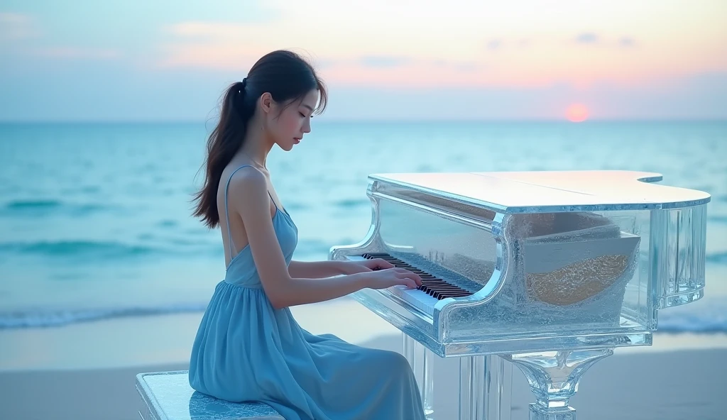 Beautiful Japanese Waifu, early 30s, white hair, white dress, playing piano at seasides 