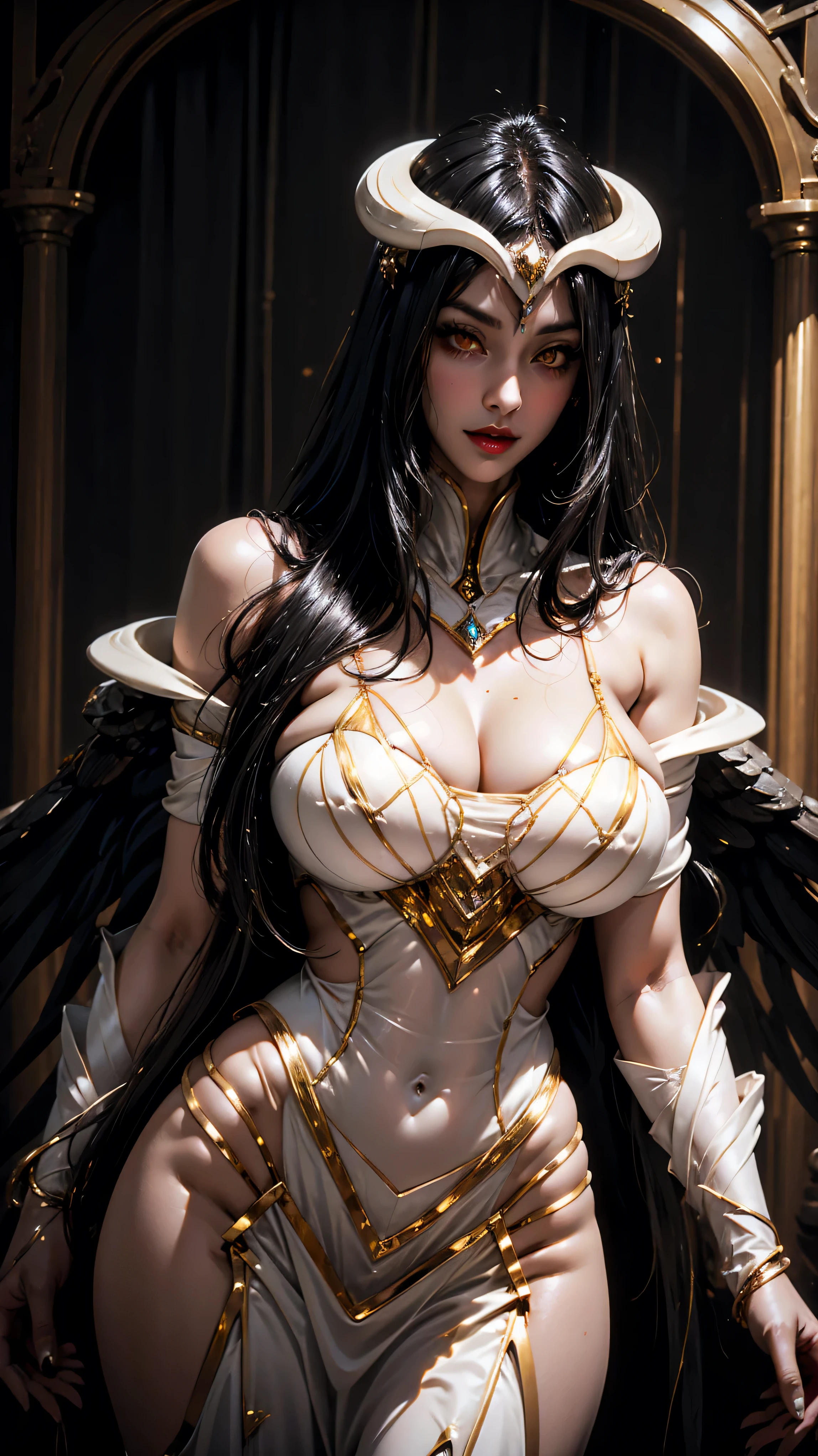 A (super realistic) beautiful sexy woman(albedo _overlord) with (glossy orange eyes) and white attire(detailed with perfect sharpness ) with gold jewellery on sexy breast, beautiful  breast(perfect shape and size), red lips, black long beautiful hair, hyper detailed black wings, eyes contact and face towards viewer (every thing with best detailing), sexy pose while standing straight with seducing smile on face in middle, wallpaper pose.