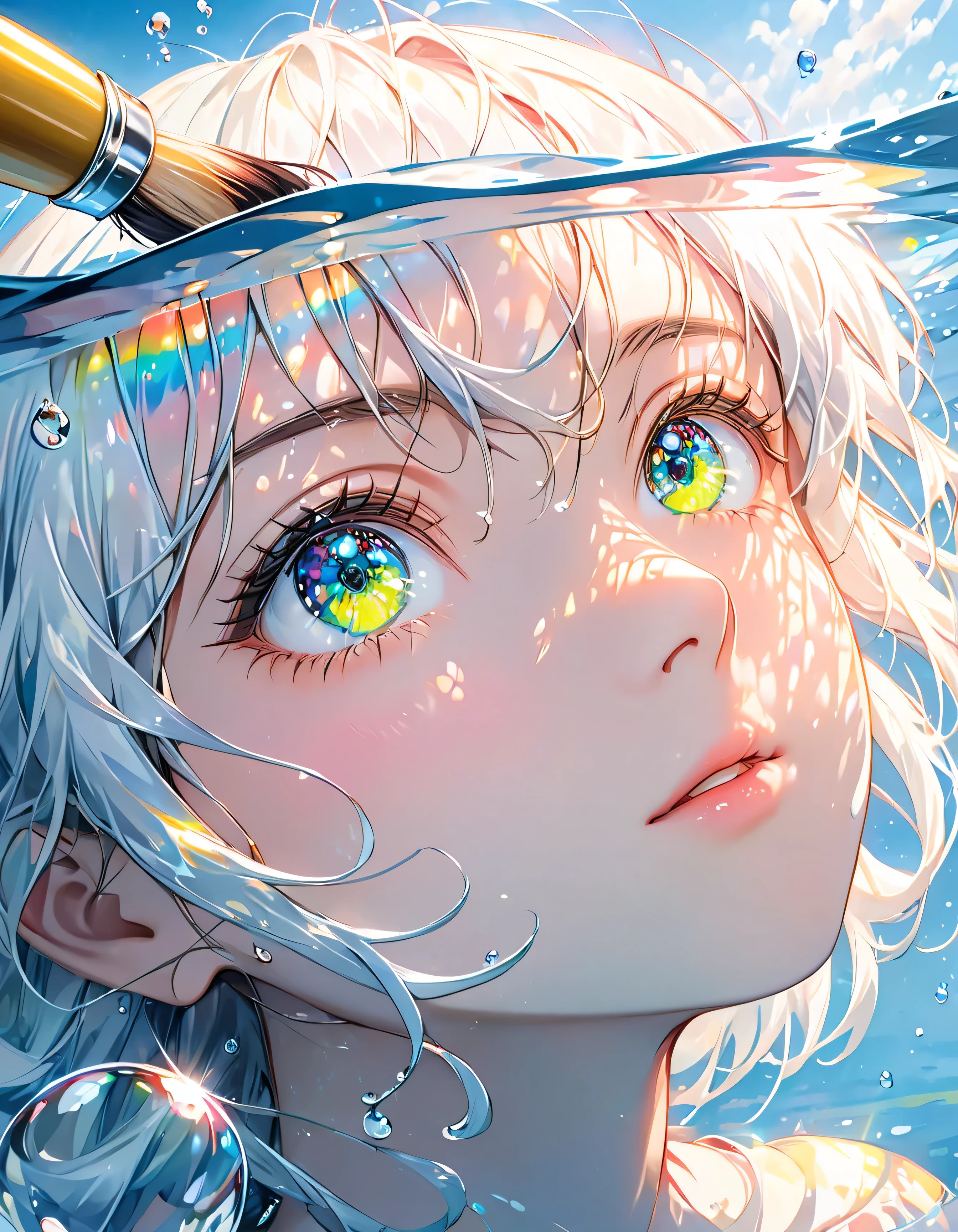 Girl swimming underwater,Ultra-detailed rendering style,shine,yellow,green,Brush,Surreal oil painting,Shining Eyes,Head close-up,Exaggerated perspective,Tyndall effect,Water Drop,Mother of pearl rainbow color,holographic white,Black background,