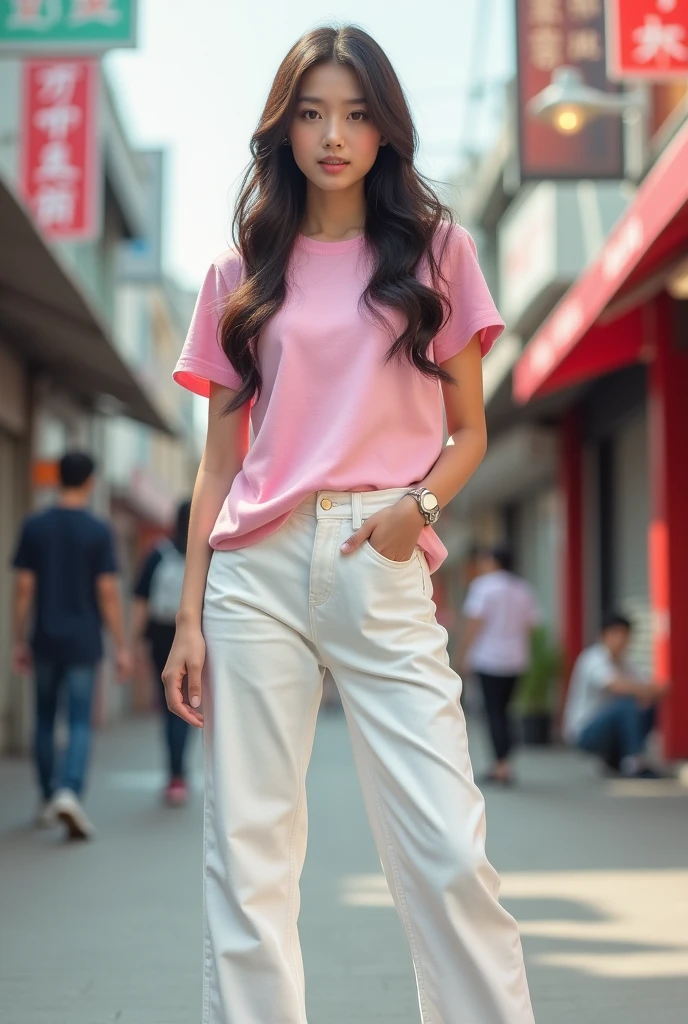 Arafed woman in pink shirt and shorts standing in front of colorful buildings, roupas pastel, bold pastel colors, bright pastel colors, saturated pastel colors, pastel-hued, pastel-hued, moda colorida, vibrant pastel colors, vivid pastel colors, cor pastel brilhante, apenas cores pastel, Bloqueio de cores, pastel hues, rich vivid pastel colors, bright pastel colors
