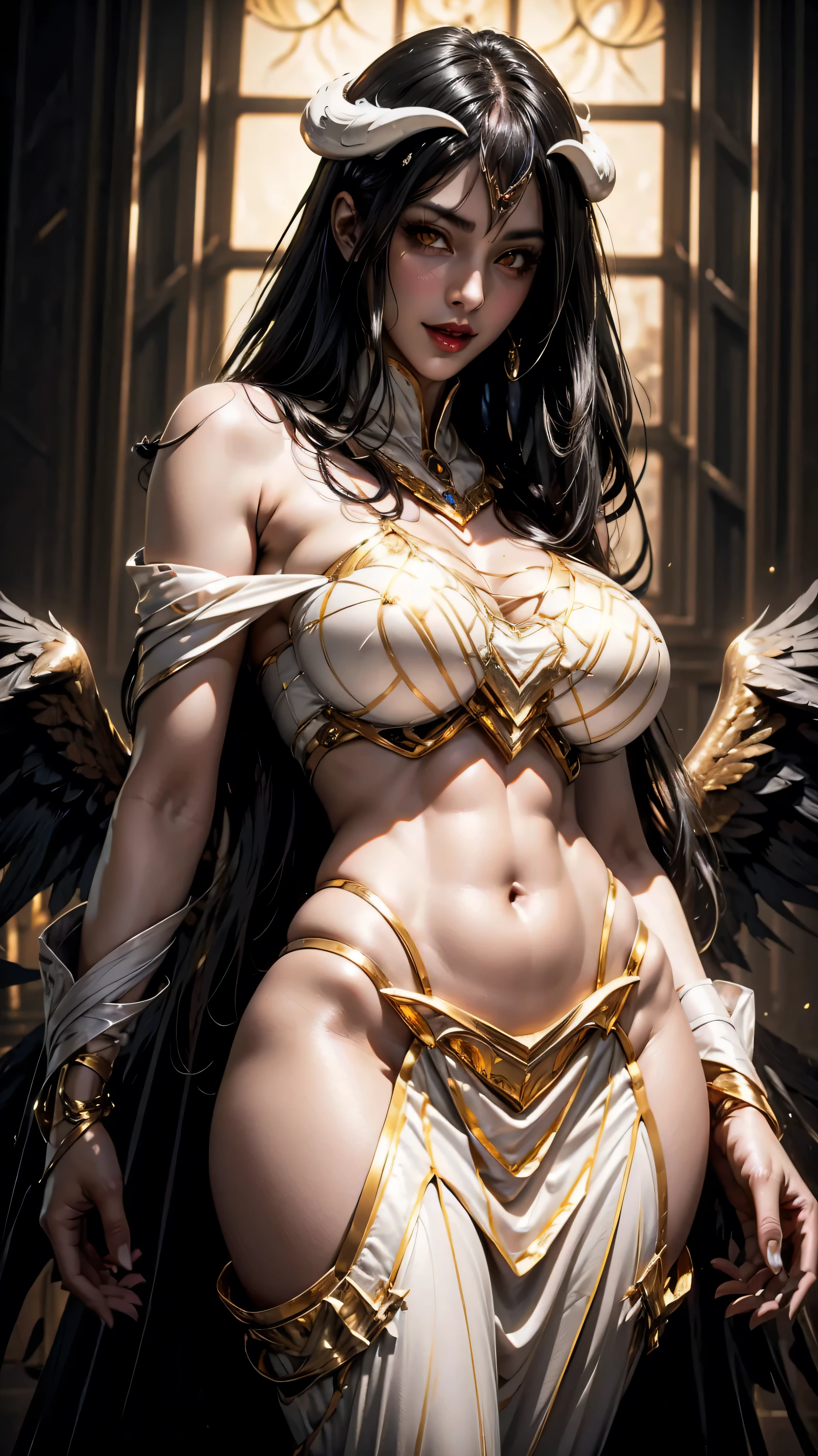 A (super realistic) beautiful sexy woman(albedo _overlord) with (glossy orange eyes) and white attire(detailed with perfect sharpness ) with gold jewellery on sexy breast, beautiful  breast(perfect shape and size), red lips, black long beautiful hair, hyper detailed black wings, eyes contact and face towards viewer (every thing with best detailing), sexy pose while standing straight with seducing smile on face in middle, wallpaper pose.