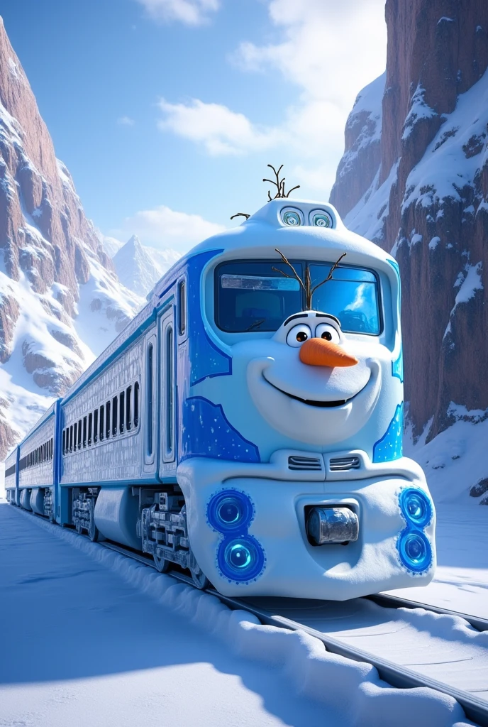   A detailed and realistic photo of a Frozen train  ,  blue with white, The front of the train has the face of Frolzen  ,   the train is riding on a track in a magical place with lots of snow like the movie Frozen,   I want a perfect train with glass windows and glass door 