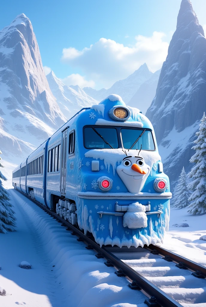   A detailed and realistic photo of a Frozen train  ,  blue with white, The front of the train has the face of Frolzen  ,   the train is riding on a track in a magical place with lots of snow like the movie Frozen,   I want a perfect train with glass windows and glass door 