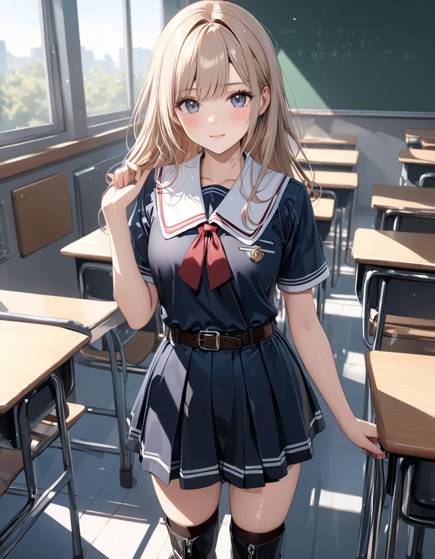 masterpiece, ultra detail, top quality ,8k, illustration, cute face, clean skin , shiny hair, girl ,Classroom jojfuku, m dress ,  boots, belt