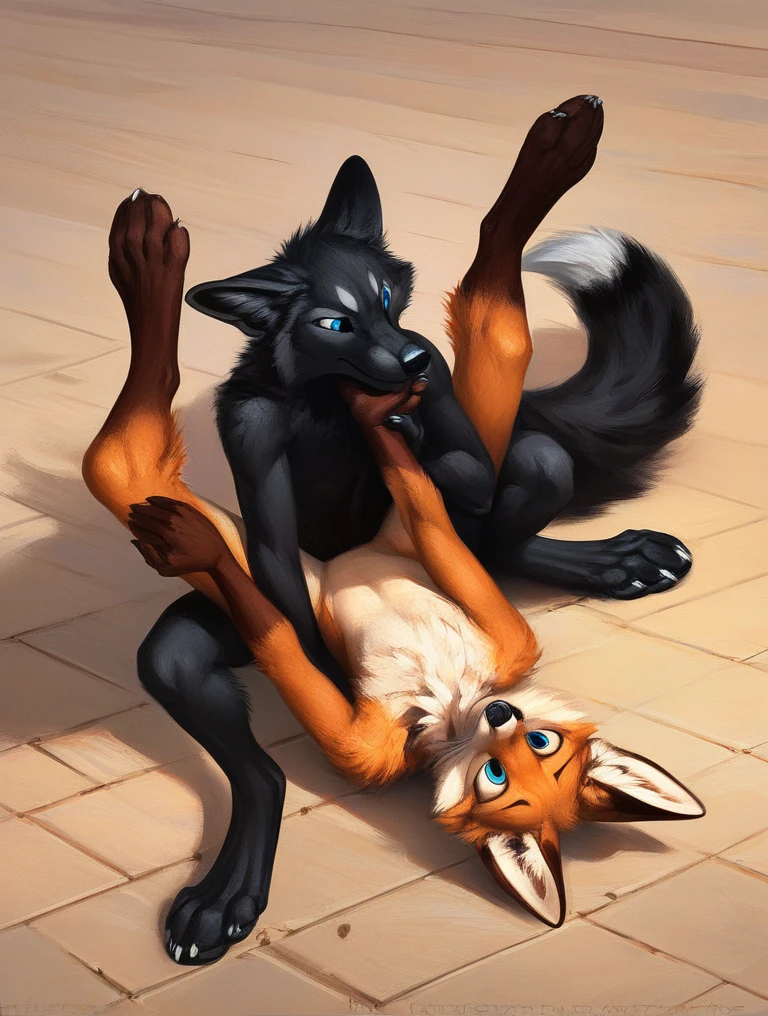 score_9, score_8_up, score_7_up, source_furry, rating_safe, by kenket, anthro, duo, male/male, wolf, black body, blue eyes, fox, orange body, cowgirl style, legs, hand holding, 1 sneering fox, sad face, fullbody portrait, on floor, hind legs, black pawpads, fighting, face to face, birds eye view, riding, exhausted fox, legs spread, feet up, facing each other
