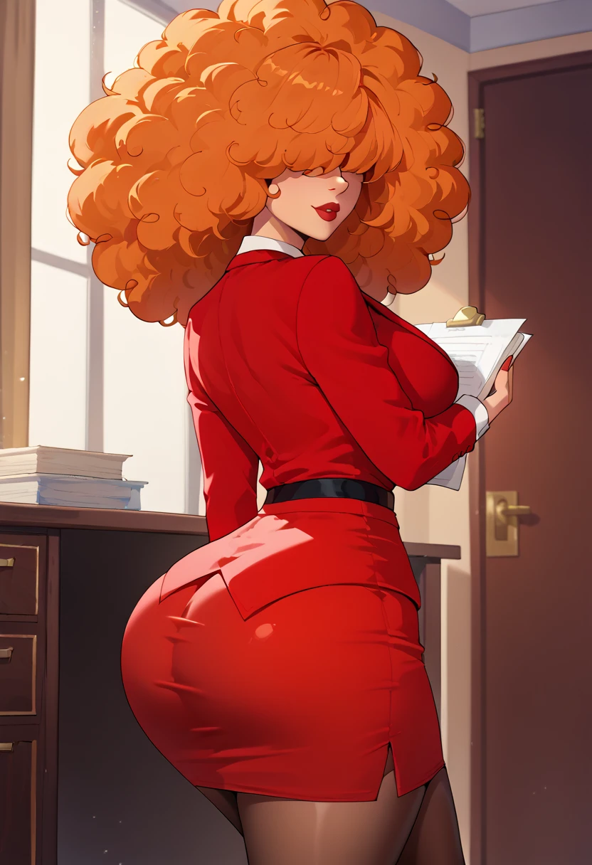 sara bellum,Orange Hair,standing at the Office ,red jacket,orange open blouse , red skirt,unbuttoned blouse  , Big Breasts , Hair covering the eyes , big Hair,   red hip-length pantyhose , At the office, her Hair covering the eyes .  Cover your eyes with hair,Orange Hair  、Brown Skin、Red suit.wCurvy Body 、Big Breasts、Round ass、Tall、Red lips、  short tight skirt,Trustworthy、solid、 Adult female、Mayor's Office,indoor