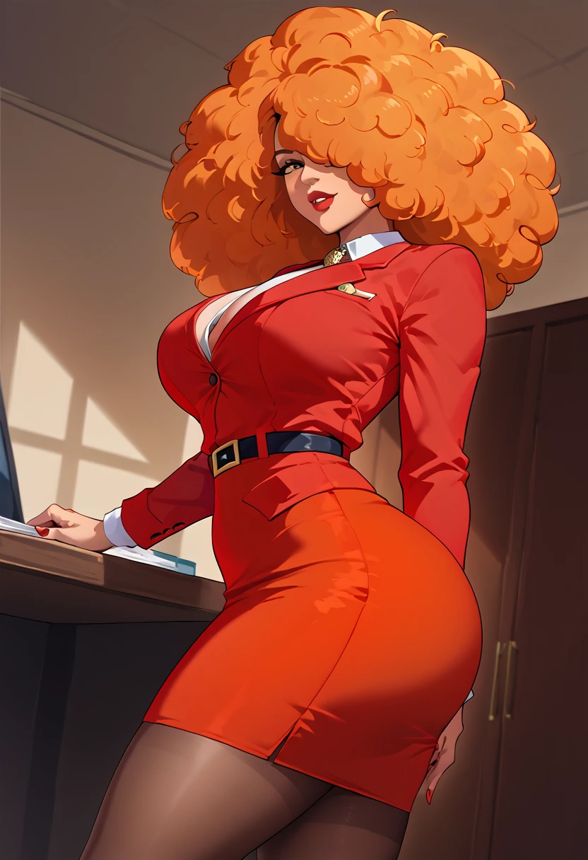 sara bellum,Orange Hair,standing at the Office ,red jacket,orange open blouse , red skirt,unbuttoned blouse  , Big Breasts , Hair covering the eyes , big Hair,   red hip-length pantyhose , At the office, her Hair covering the eyes .  Cover your eyes with hair,Orange Hair  、Brown Skin、Red suit.wCurvy Body 、Big Breasts、Round ass、Tall、Red lips、  short tight skirt,Trustworthy、solid、 Adult female、Mayor's Office,indoor