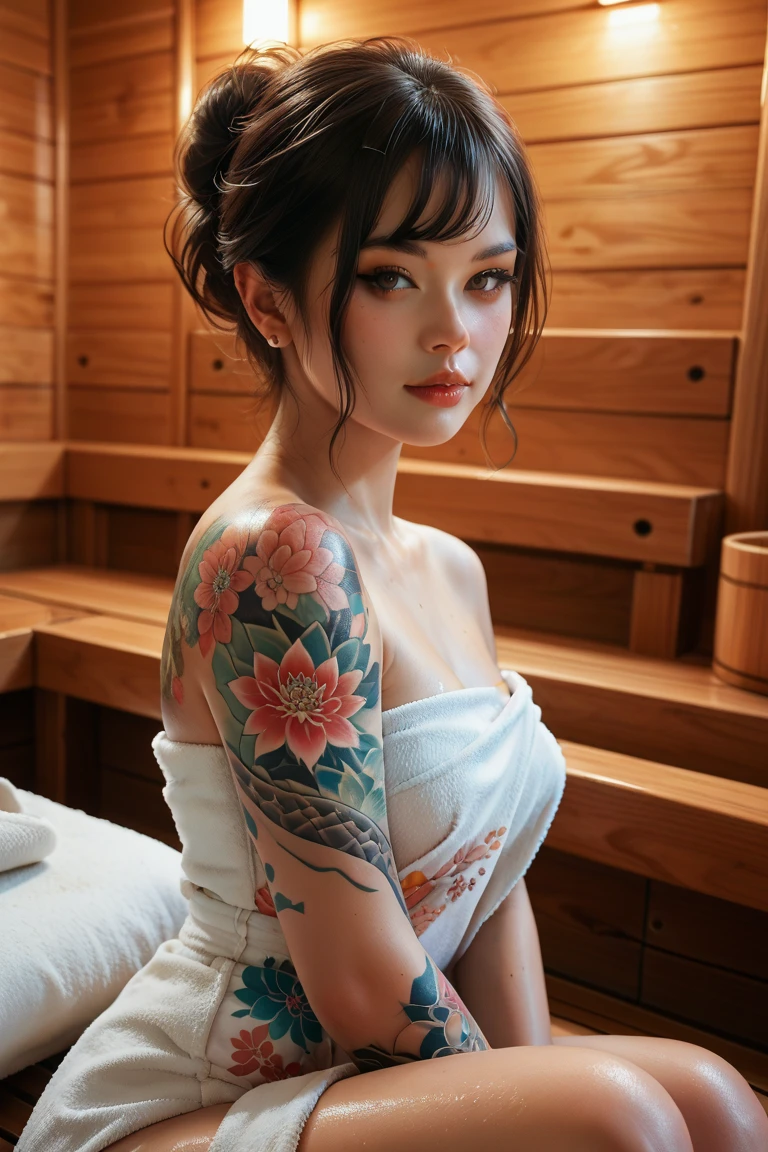 A beautiful indonesian woman, A beautiful indonesian woman, short hair, wearing towel, colorful traditional japanense tattoo, in the sauna room with led light, look at the viewer, 