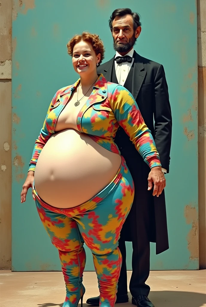 A 35 years old woman ((with a 8-years old boy at her hand)), walking in the park, the woman has a face like Julia Roberts, wearing a maternity blouse with deep cleavage, business trousers, extremely huge saggy breast, (pregnant belly), (full person view, from head to toe)
