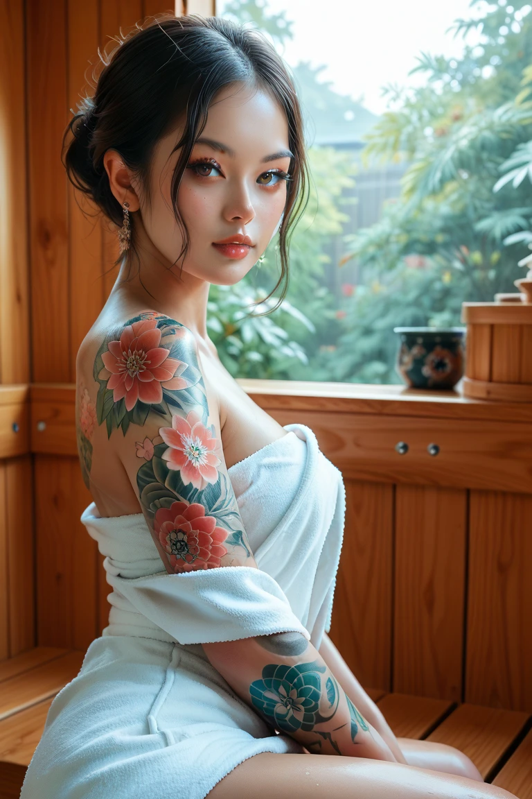 A beautiful malay woman, A beautiful indonesian woman, short hair, wearing towel, colorful traditional japanense tattoo, in the sauna room with led light, look at the viewer, 