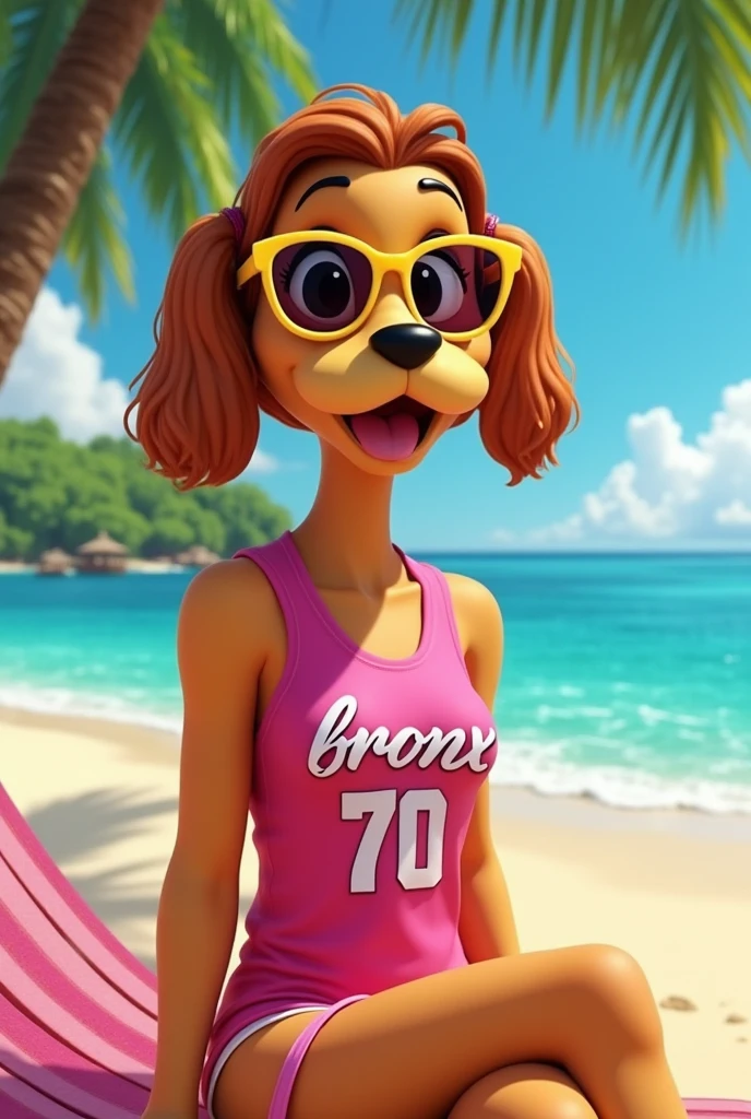 8k.4k,((Best quality, masterpiece, ultra high resolution)),((full body)), by pixelsketcher, <lora:Brandi Harrington:0.9>,brandi harrington,furry, furry female, tail, dog girl, animal ears, dog tail, dog ears, purple sandals,small chest,blonde hair, midriff,platform footwear,animal nose,pink shirt,collar,navel,red pants,beach,sunglasses, sitting in a Deckchair