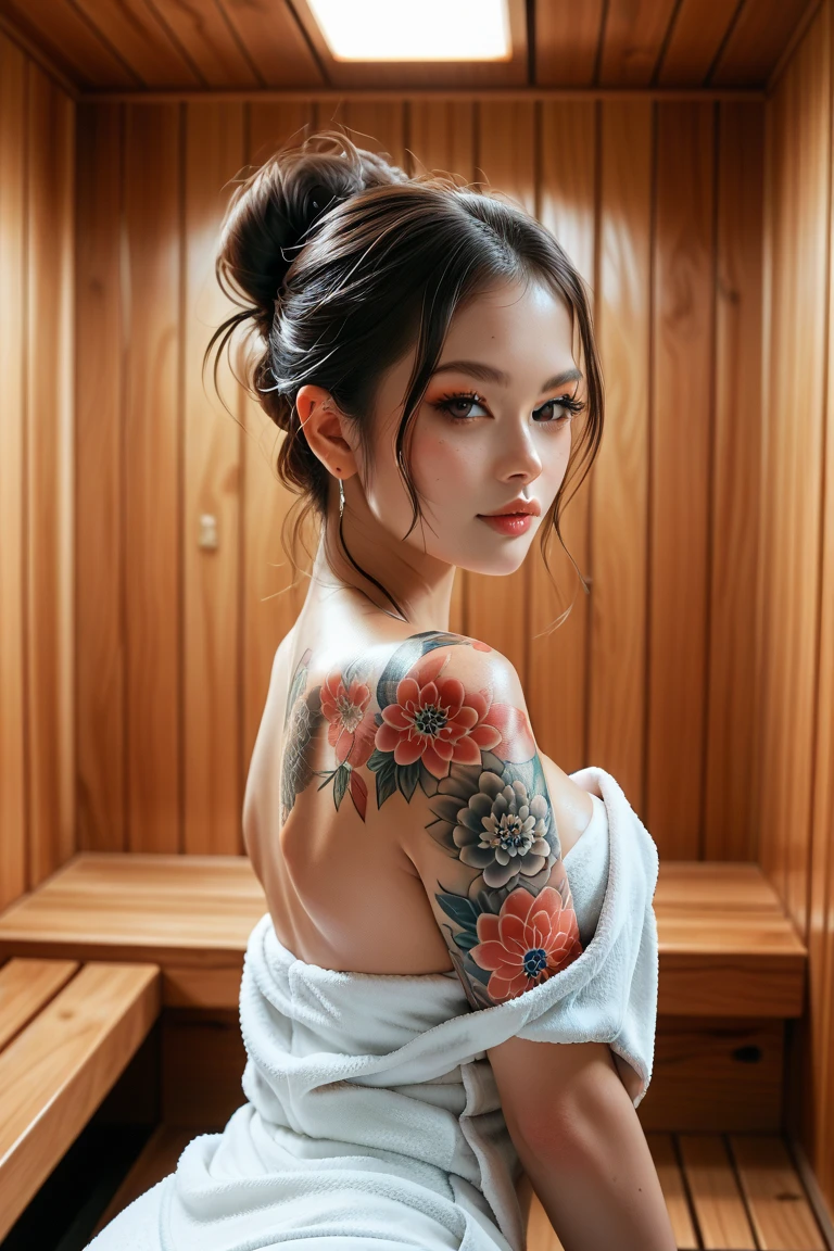 A beautiful indonesian woman, A beautiful indonesian woman, short tied hair, wearing towel, colorful traditional japanense tattoo, in the sauna room with led light, look at the viewer, 