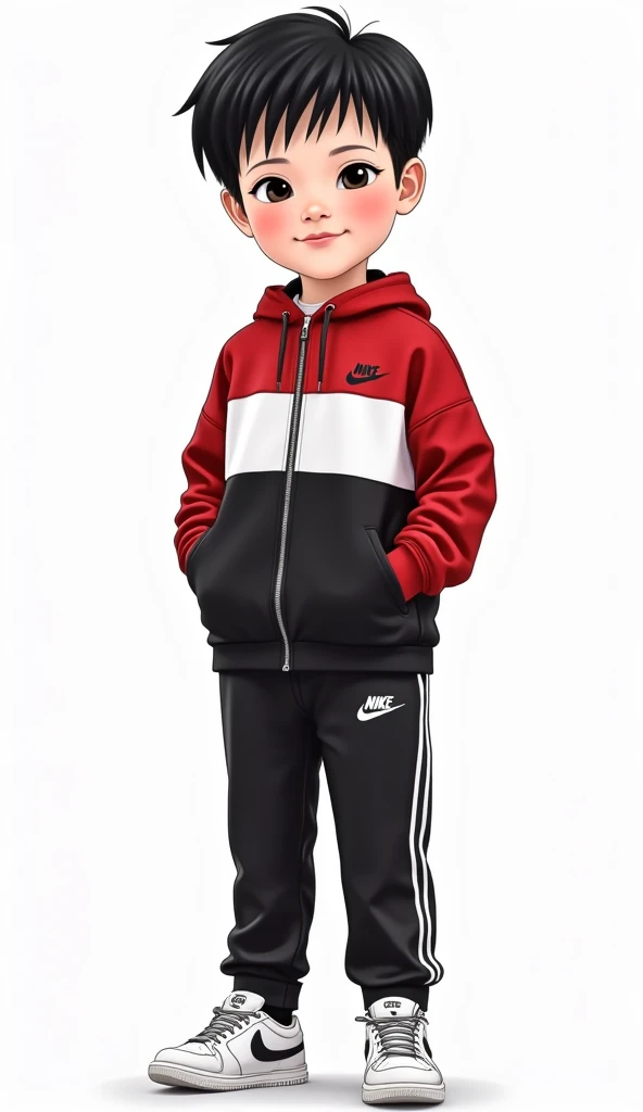 natphurin, a portrait photo of 7-year boy, natural skin, high quality, 16k, masterpiece, detailed face, detailed eyes, detailed lips, Make clothes full of details,2000s style, lighting :1.2, cores Vermelho, black and white. pants up to the shins, tennis Nike, cartoon style. Organic clothing, Handsome young boy, full body,