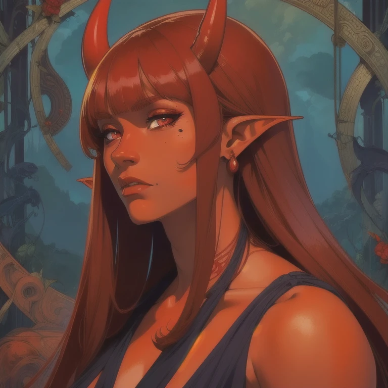 (masterpiece), best quality, expressive eyes, perfect face(masterpiece, best quality), 1girl, beautiful face, beautiful body, meruccubus, red oni, colored skin, red skin, pointy ears, long hair, mole, oni, blunt bangs