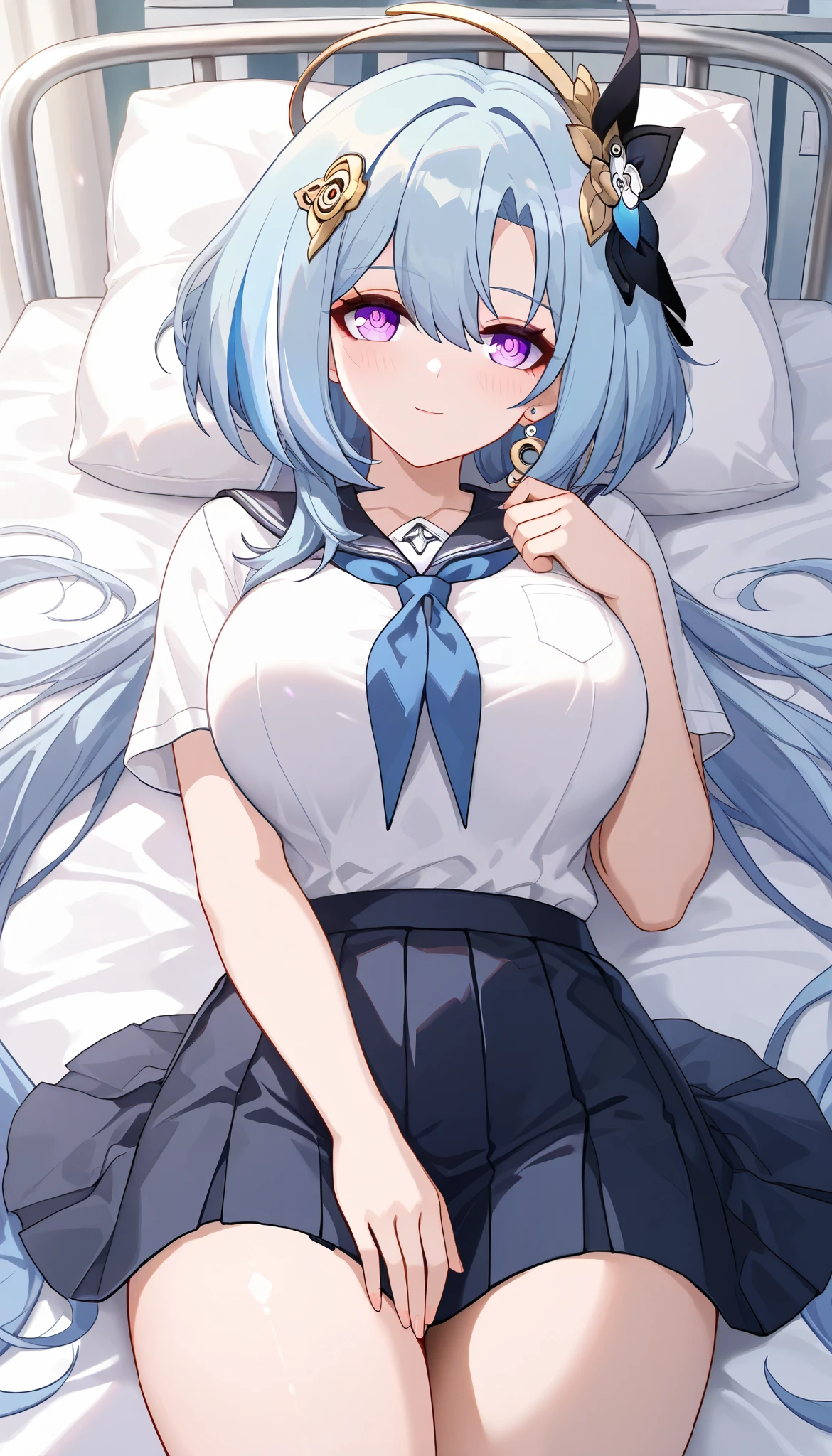 ultra-detailed,(best quality),((masterpiece)),(highres),original,extremely, 1girl, griseo, Cosmic Expression, Gris_Def, honkai impact 3rd,beautiful lady, purple eyes, blue hair, large breasts, blush,closed mouth, happy, multicolored hair, long hair, school uniform , School Infirmary,on the bed, laying on the bed,